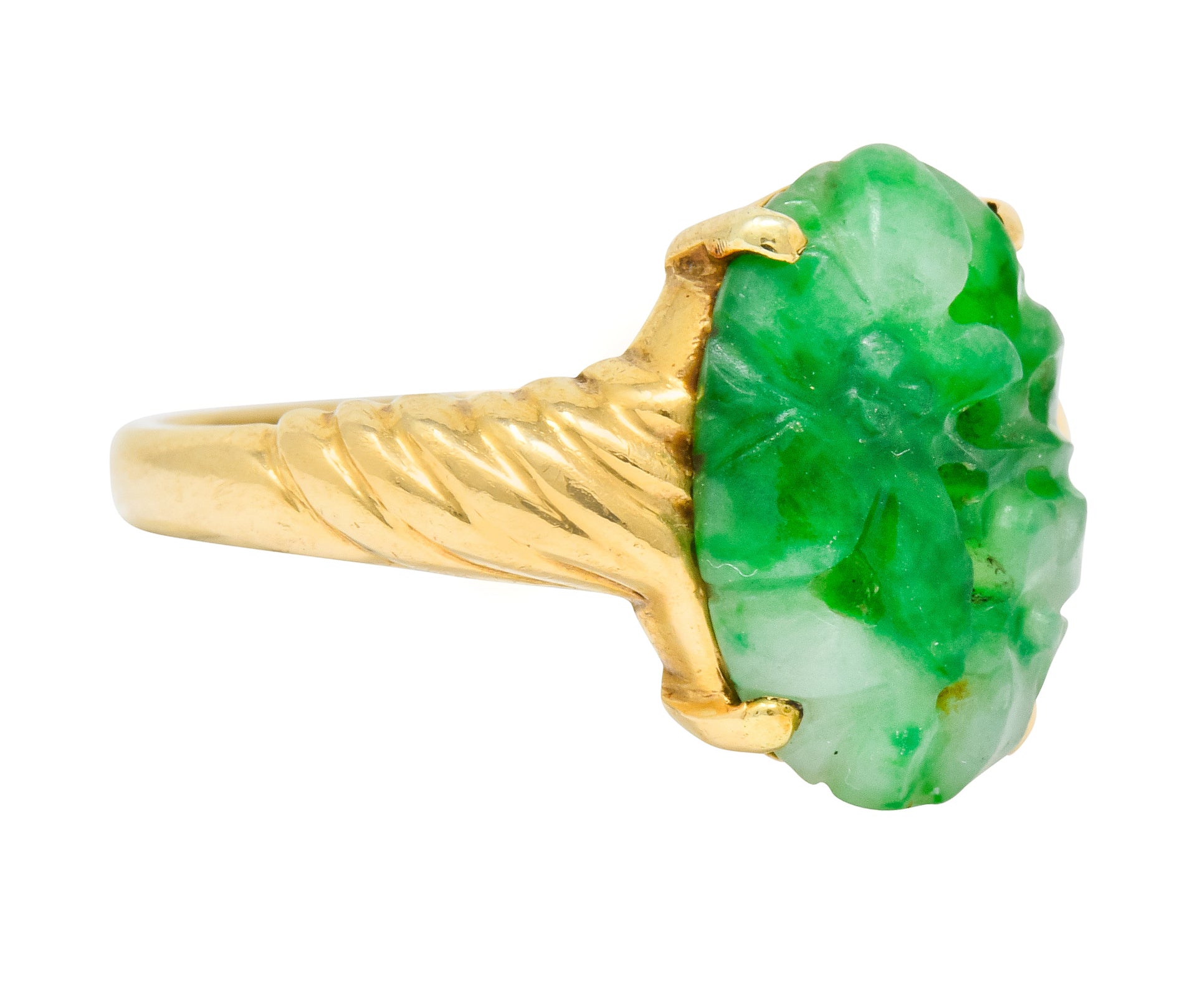 Tiffany & Co. Retro Carved Jade 14 Karat Gold Floral Ring - Wilson's Estate Jewelry