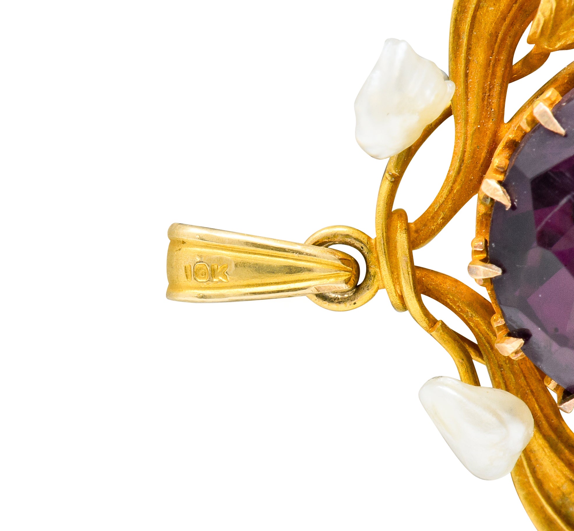 Art Nouveau Amethyst Natural Baroque Pearl 14 Karat Gold Foliate Wreath Pendant - Wilson's Estate Jewelry