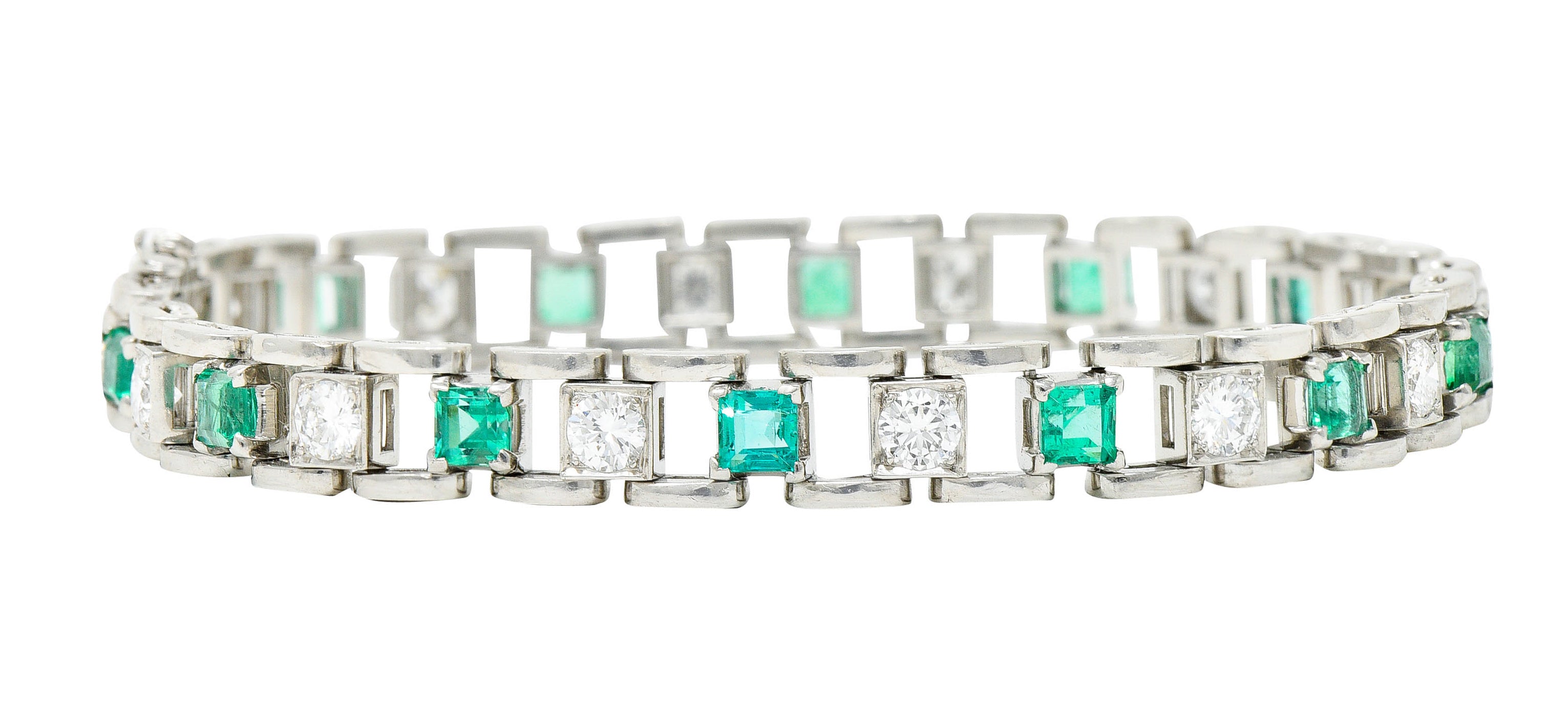 Mid-Century 5.45 CTW Diamond Emerald Platinum Link Braceletbracelet - Wilson's Estate Jewelry