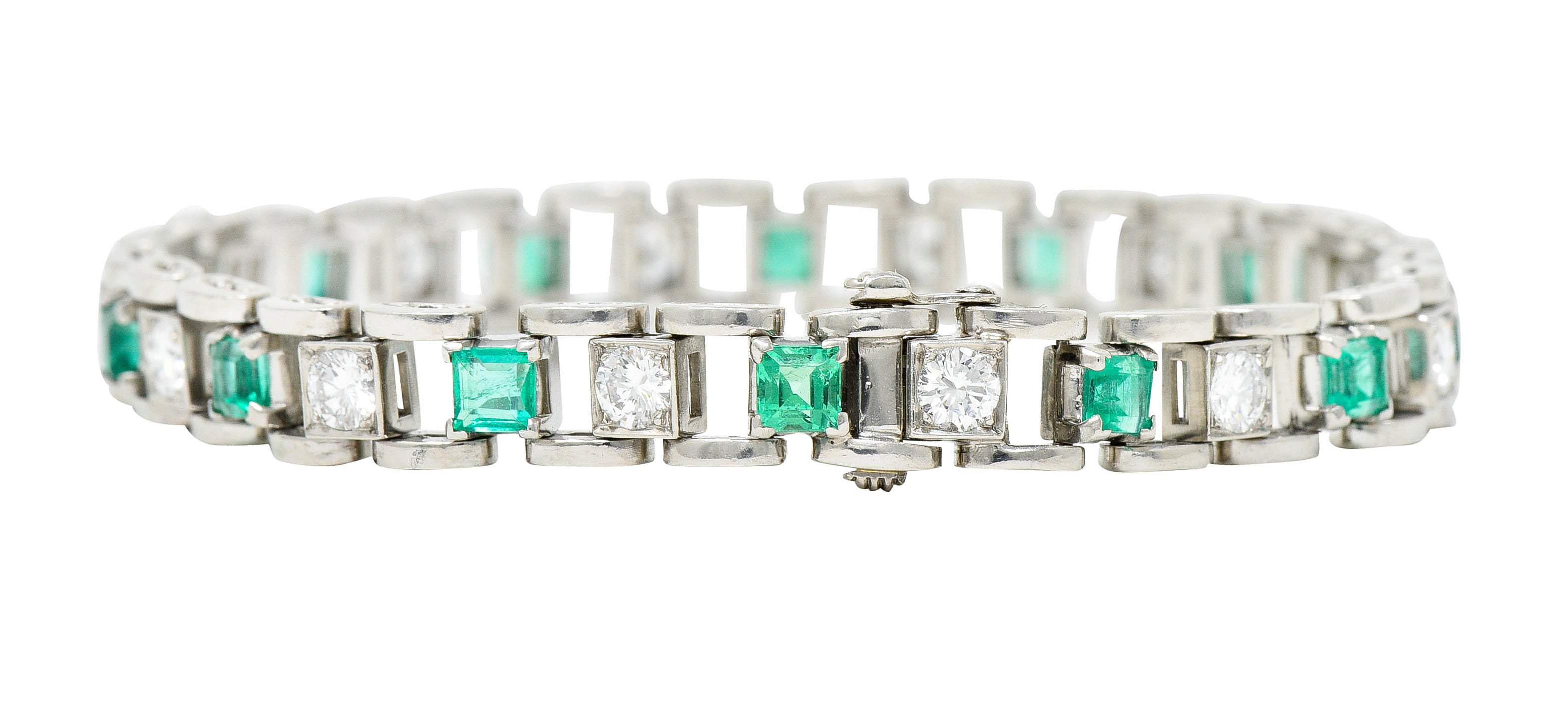 Mid-Century 5.45 CTW Diamond Emerald Platinum Link Braceletbracelet - Wilson's Estate Jewelry