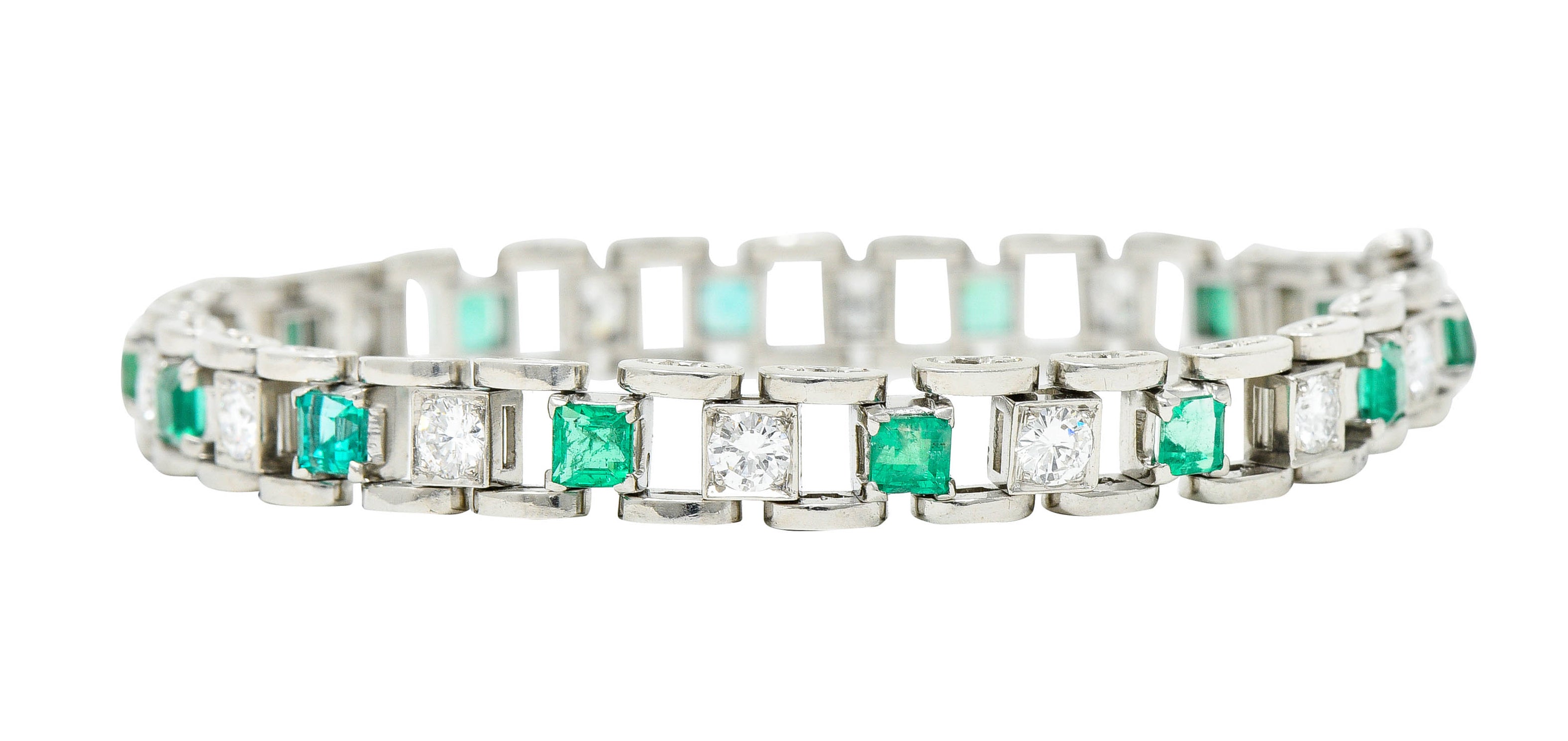 Mid-Century 5.45 CTW Diamond Emerald Platinum Link Braceletbracelet - Wilson's Estate Jewelry