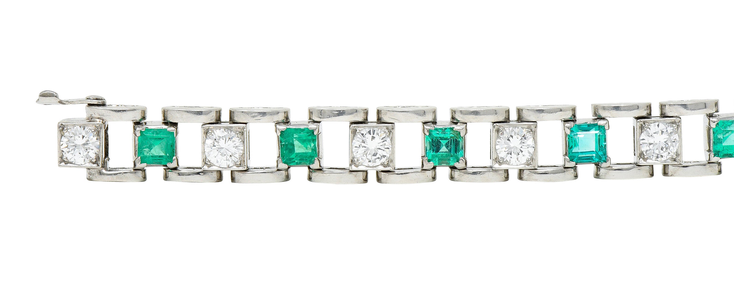 Mid-Century 5.45 CTW Diamond Emerald Platinum Link Braceletbracelet - Wilson's Estate Jewelry