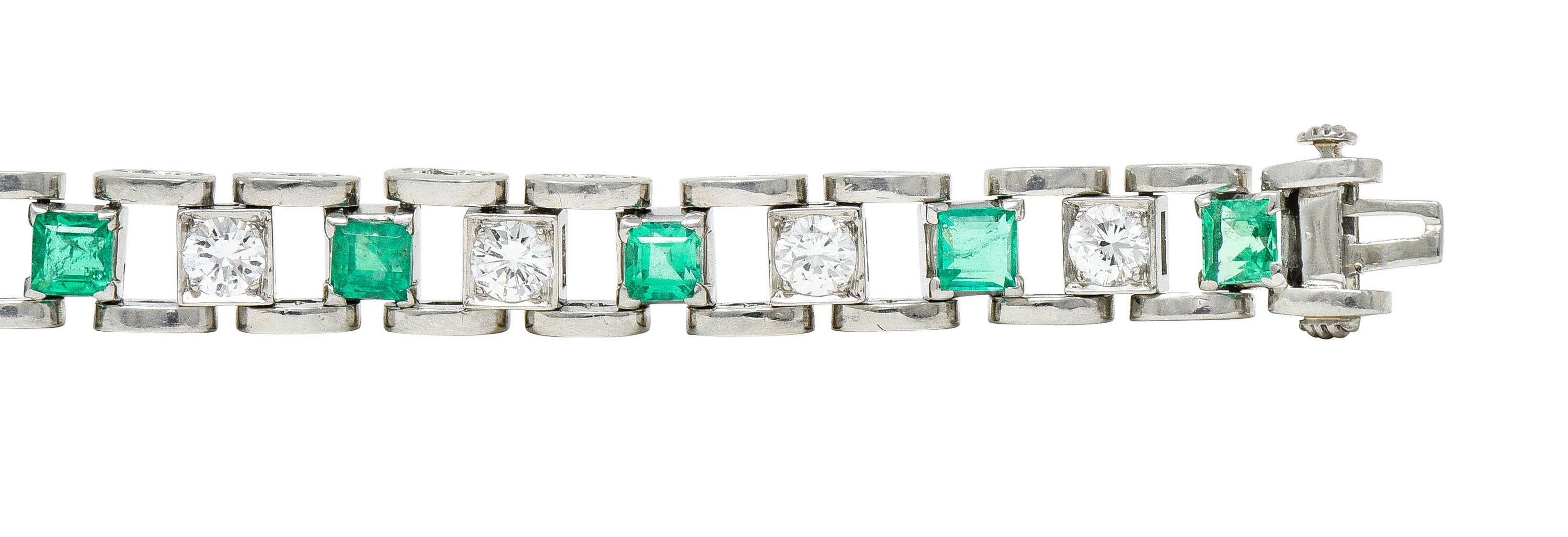 Mid-Century 5.45 CTW Diamond Emerald Platinum Link Braceletbracelet - Wilson's Estate Jewelry