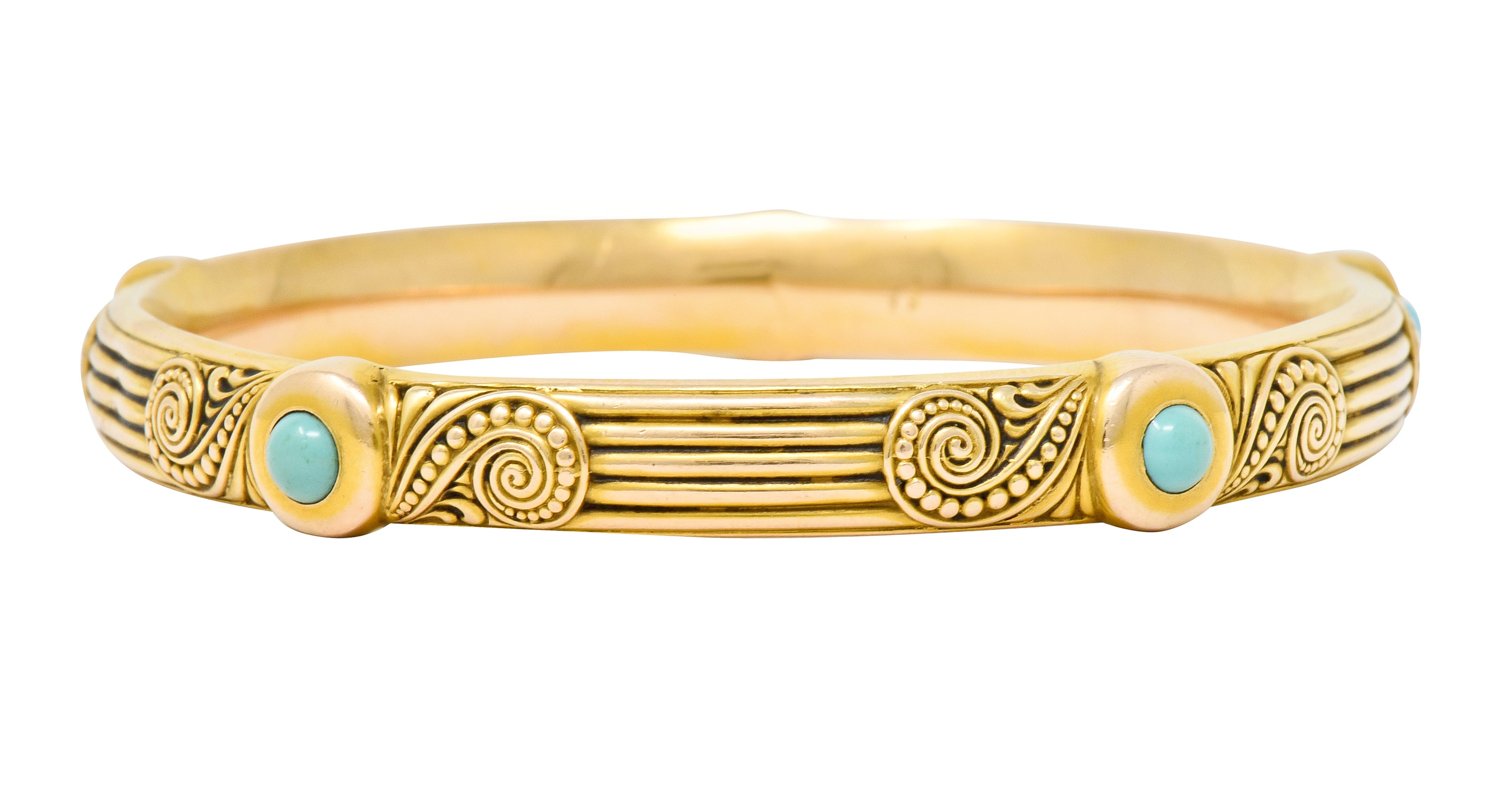 Riker Brothers Art Nouveau Turquoise Cabochon 14 Karat Gold Bangle Bracelet - Wilson's Estate Jewelry
