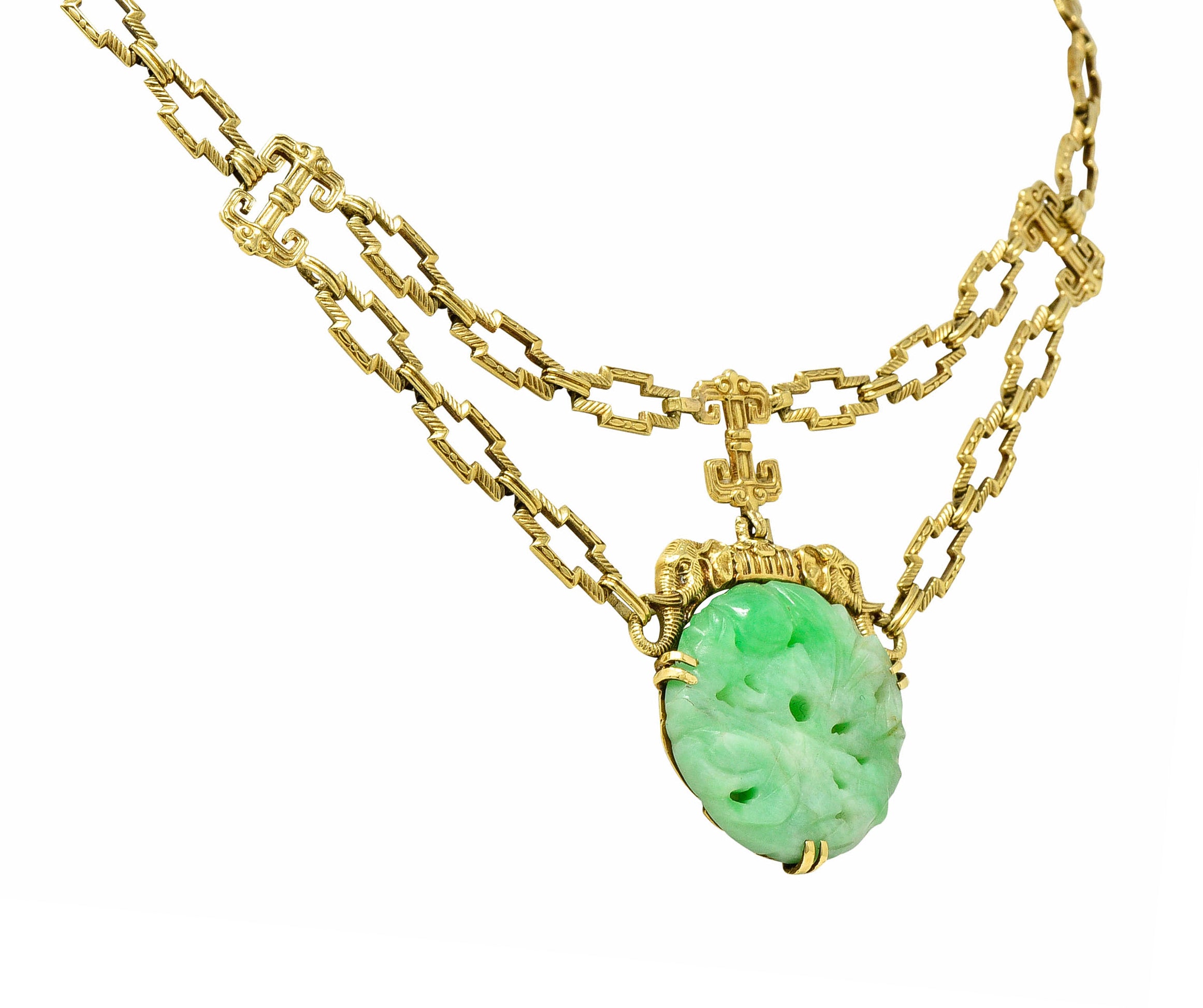 1920's Art Deco Carved Jade 14 Karat Gold Swag NecklaceNecklace - Wilson's Estate Jewelry