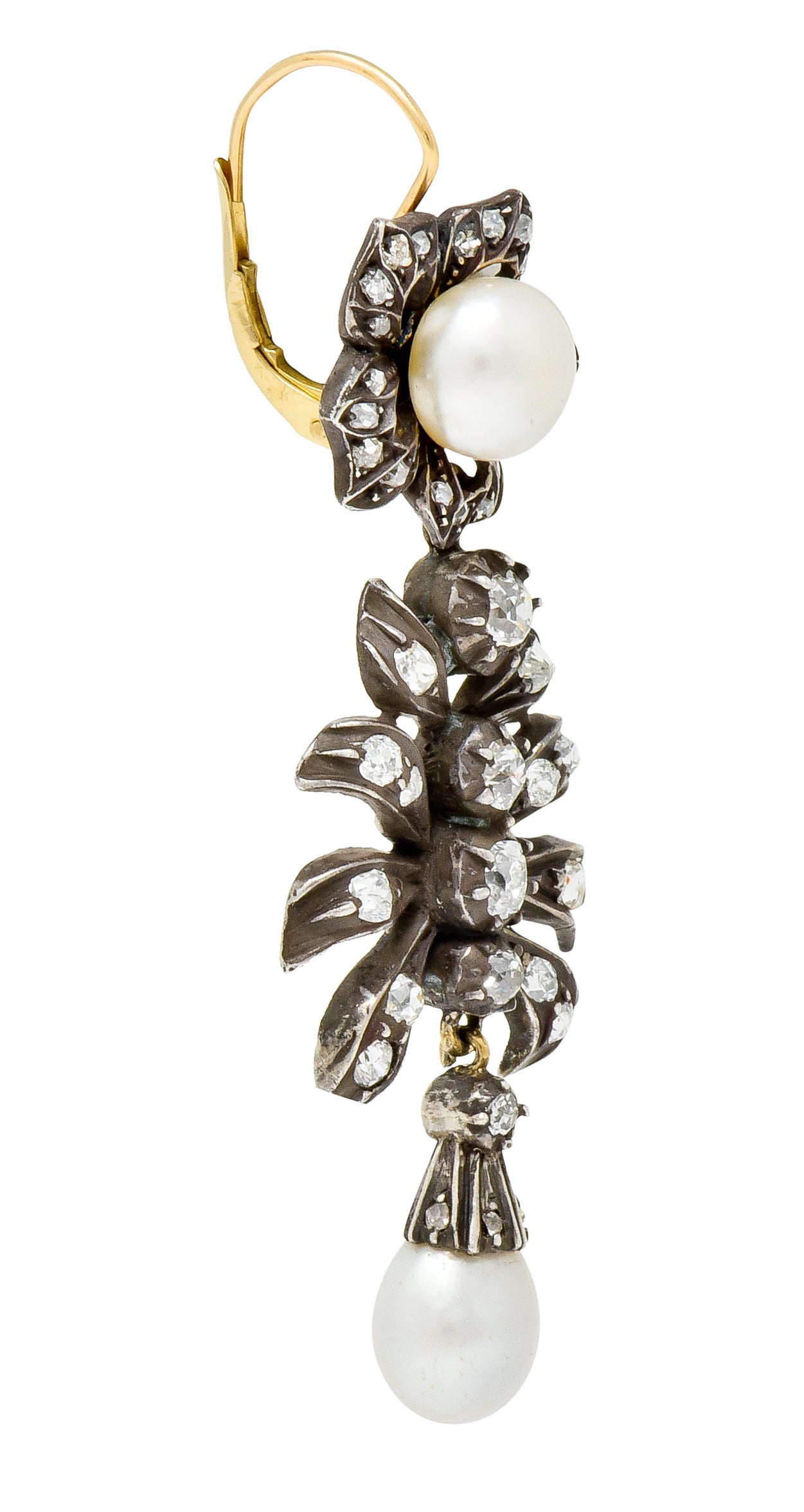 Victorian Diamond Natural Pearl Gold Silver Floral Drop Earrings GIA - Wilson's Estate Jewelry