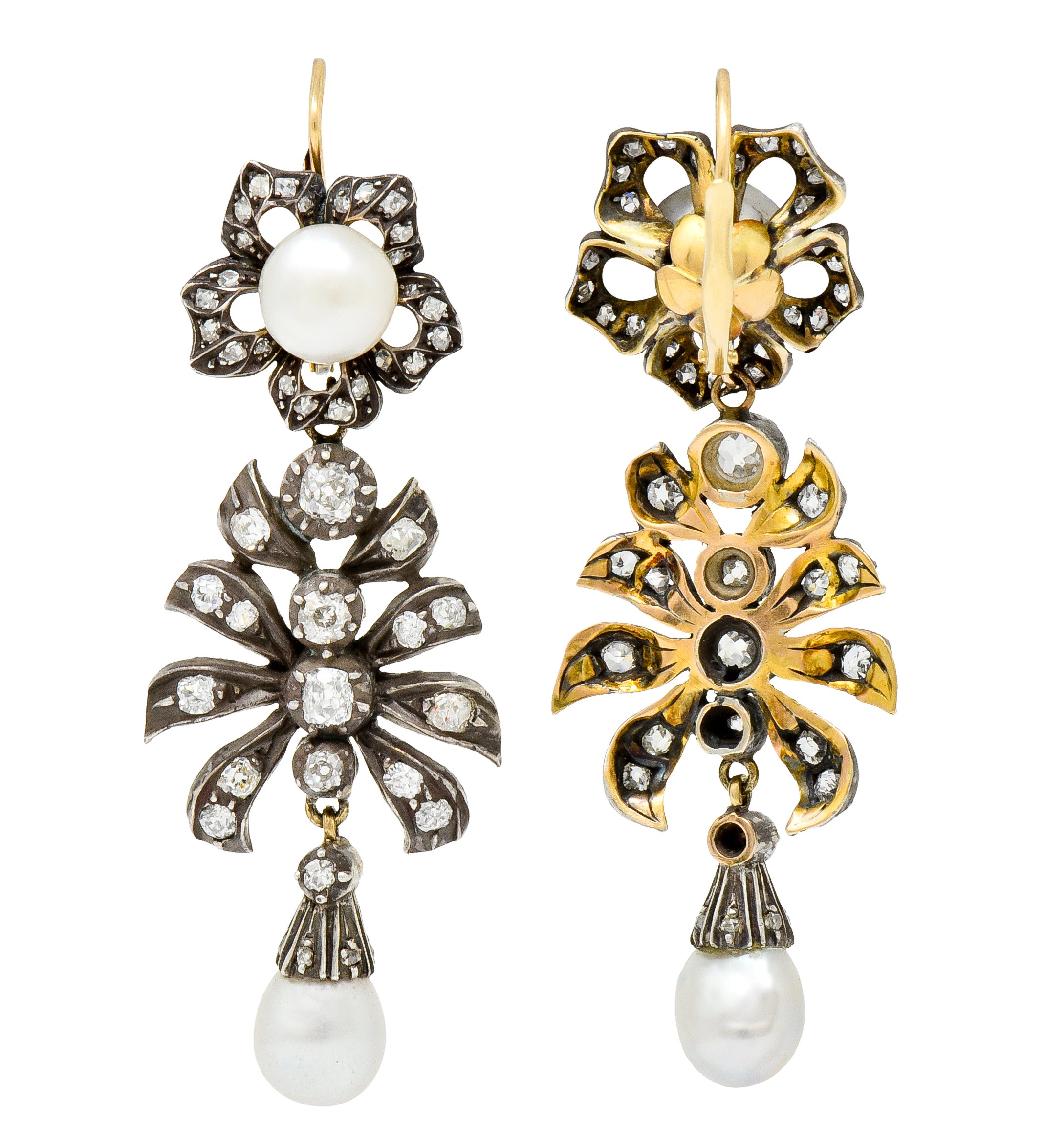 Victorian Diamond Natural Pearl Gold Silver Floral Drop Earrings GIA - Wilson's Estate Jewelry