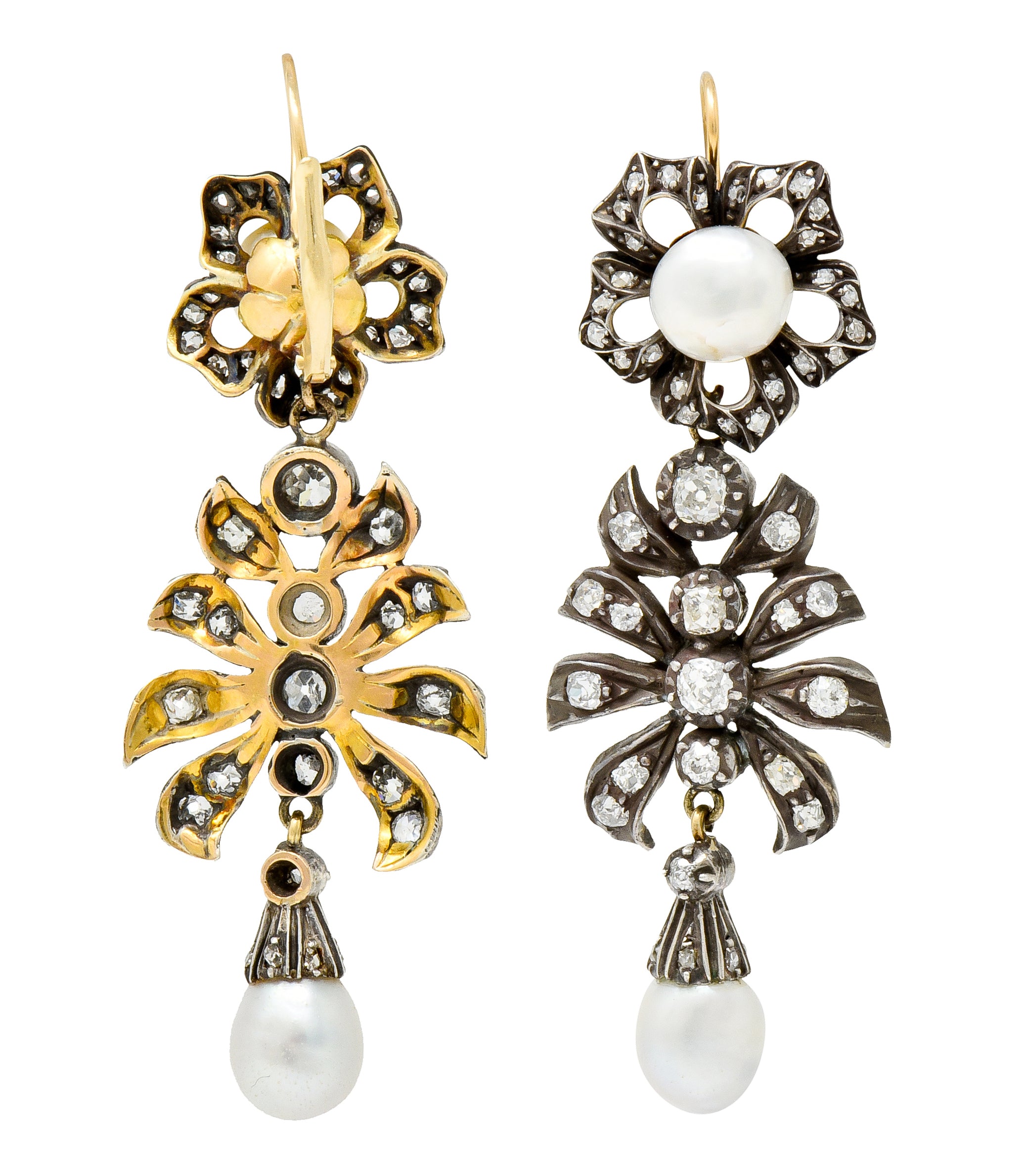 Victorian Diamond Natural Pearl Gold Silver Floral Drop Earrings GIA - Wilson's Estate Jewelry