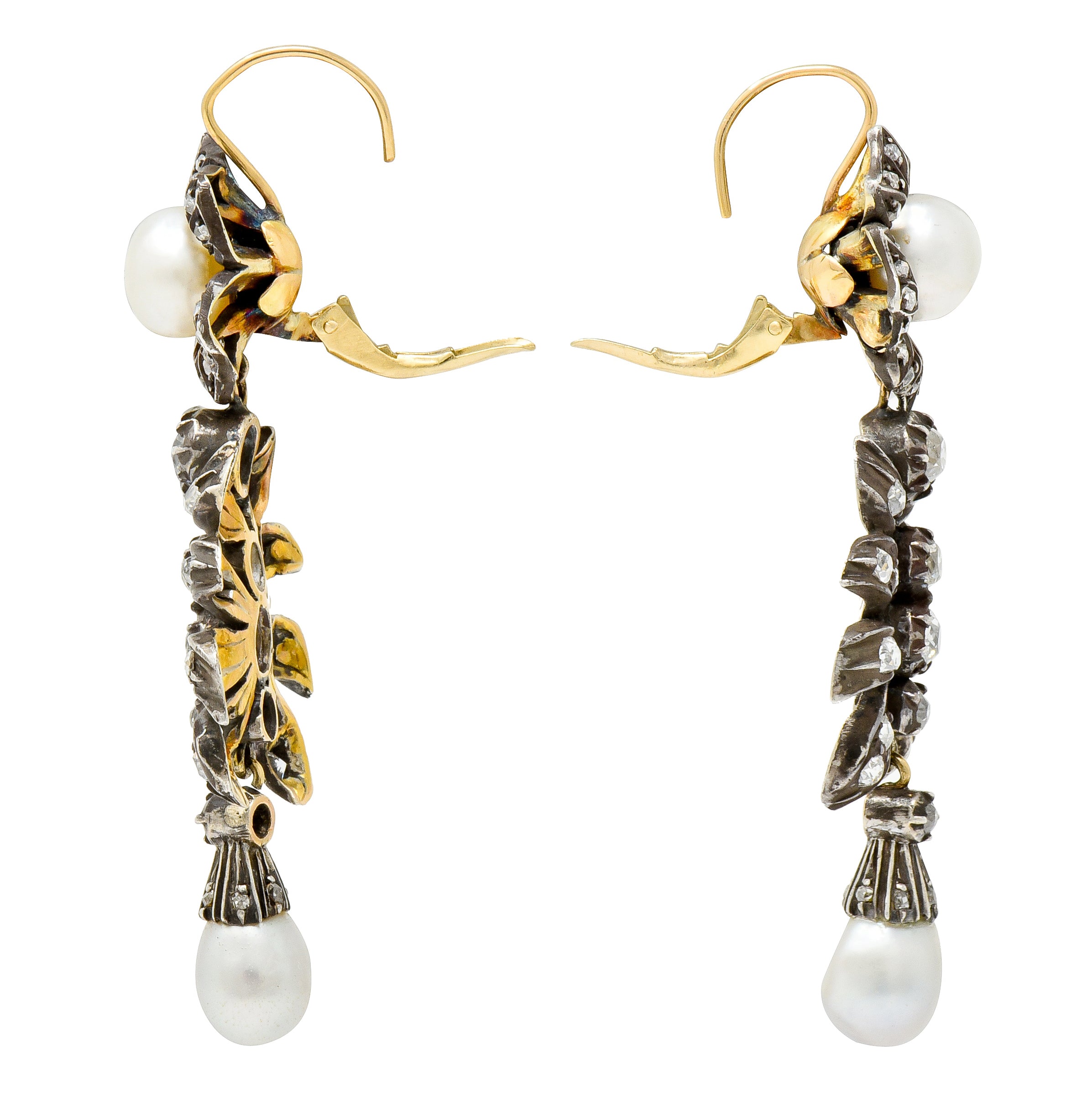 Victorian Diamond Natural Pearl Gold Silver Floral Drop Earrings GIA - Wilson's Estate Jewelry
