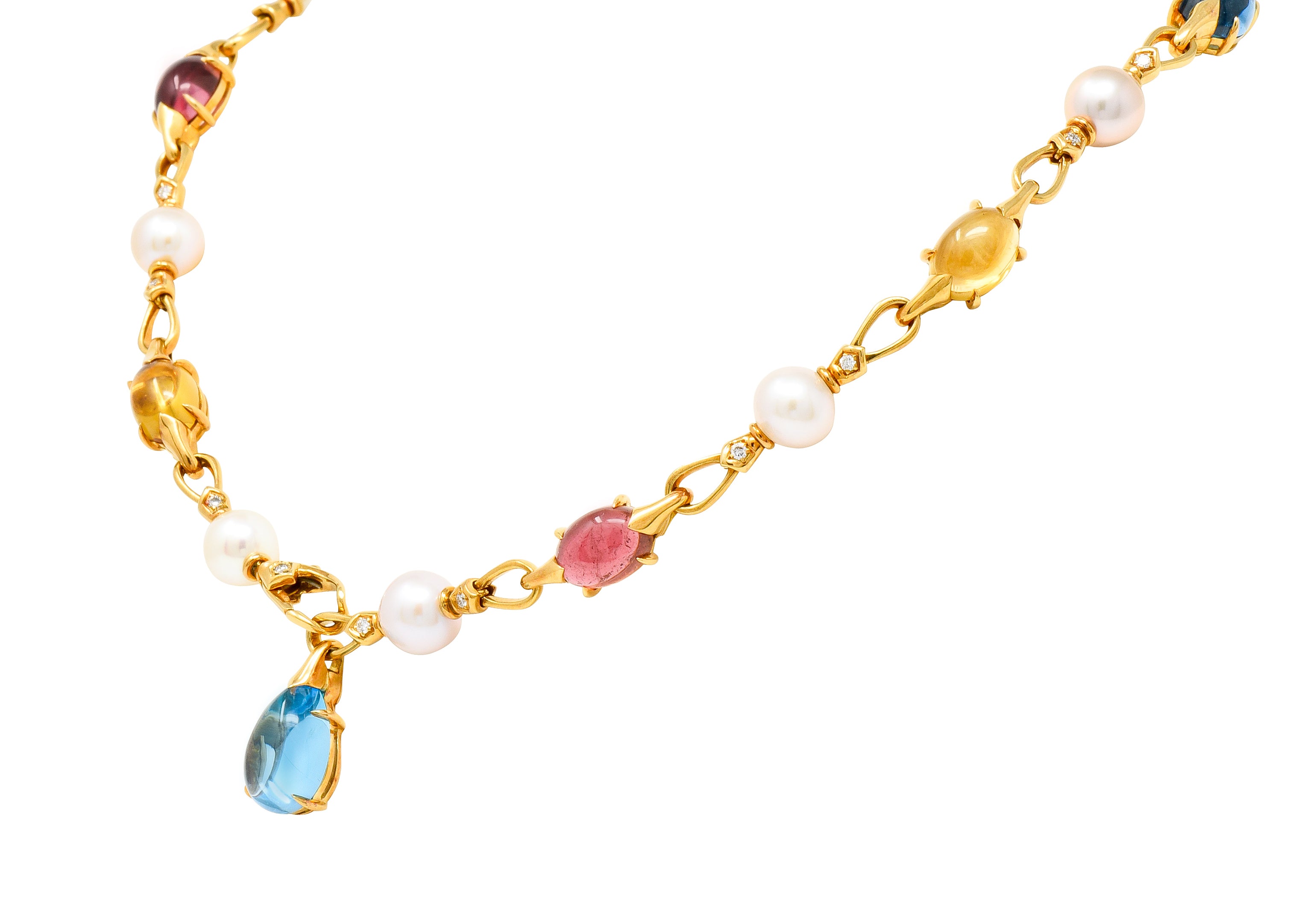 Bulgari Allegra Tourmaline Citrine Topaz Pearl Diamond 18 Karat Gold Station Chain Link Necklace - Wilson's Estate Jewelry