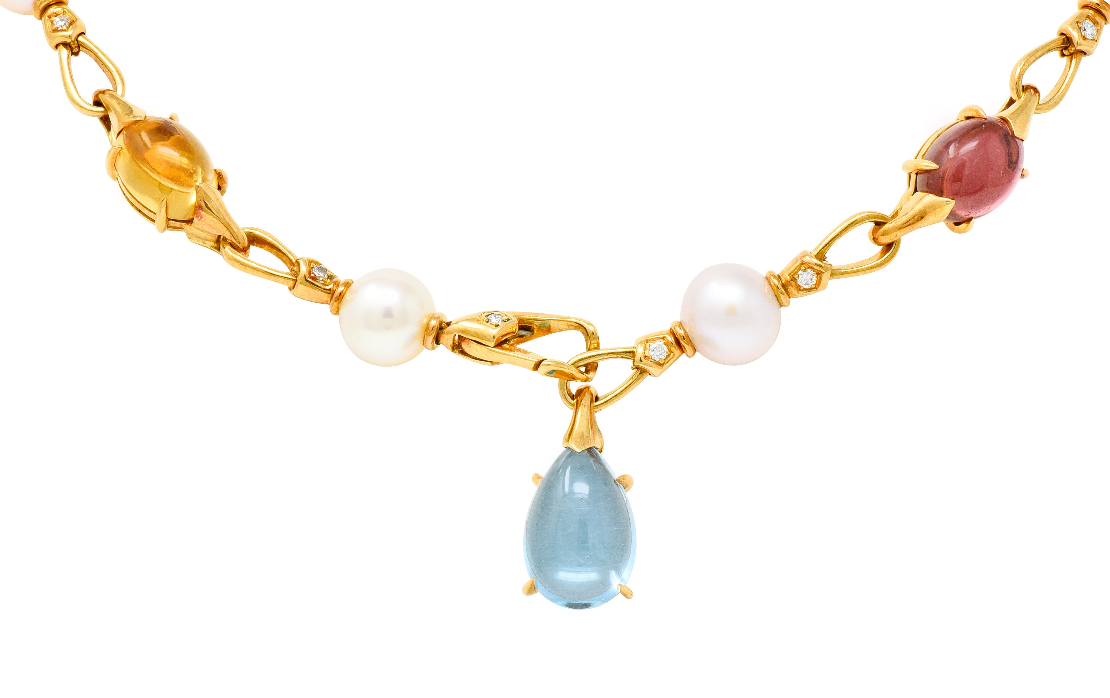 Bulgari Allegra Tourmaline Citrine Topaz Pearl Diamond 18 Karat Gold Station Chain Link Necklace - Wilson's Estate Jewelry