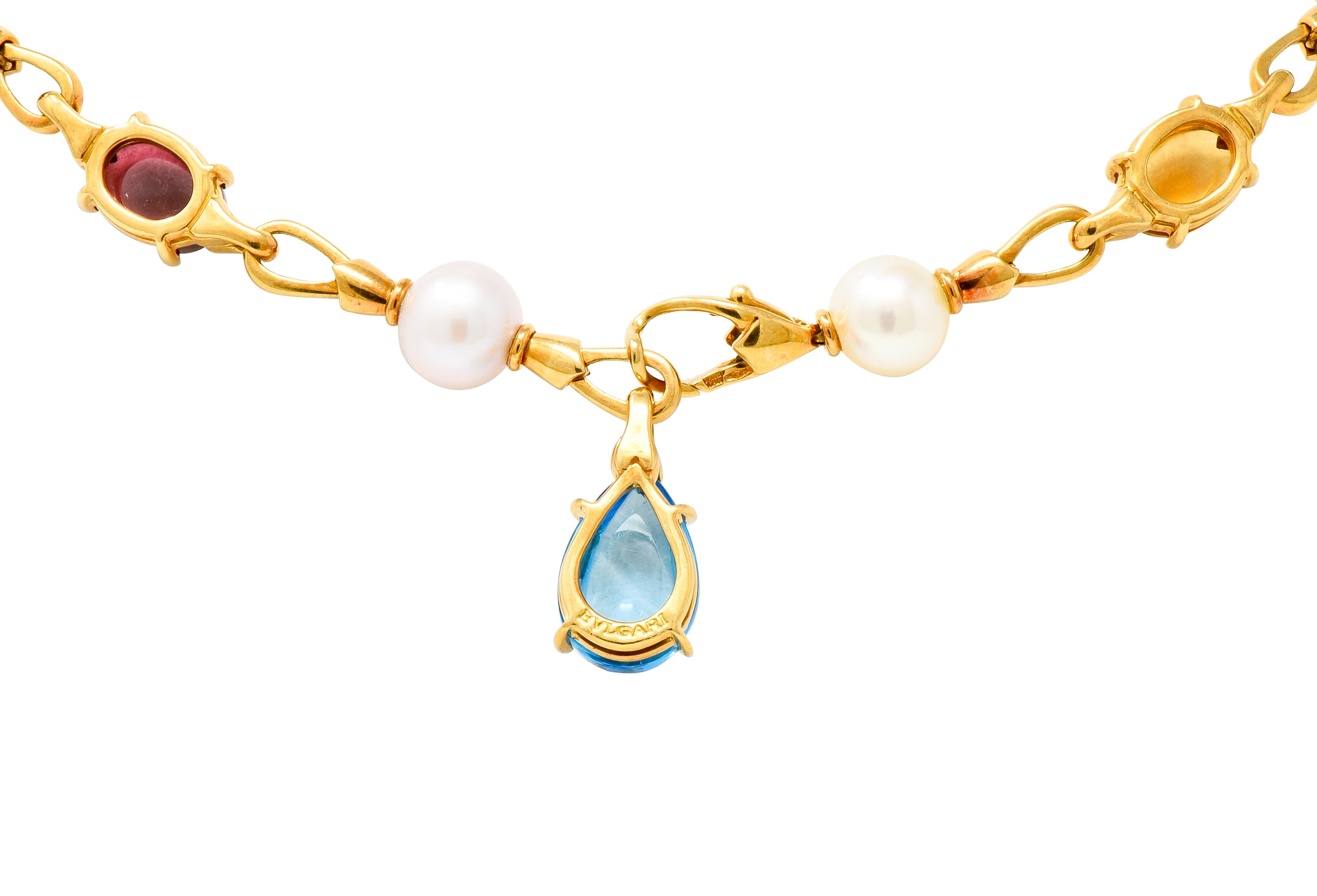 Bulgari Allegra Tourmaline Citrine Topaz Pearl Diamond 18 Karat Gold Station Chain Link Necklace - Wilson's Estate Jewelry