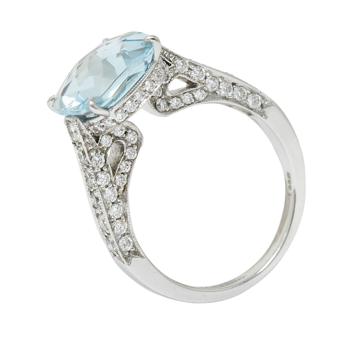 Checkerboard Cushion Cut 5.95 CTW Aquamarine Diamond Platinum Cocktail RingRing - Wilson's Estate Jewelry