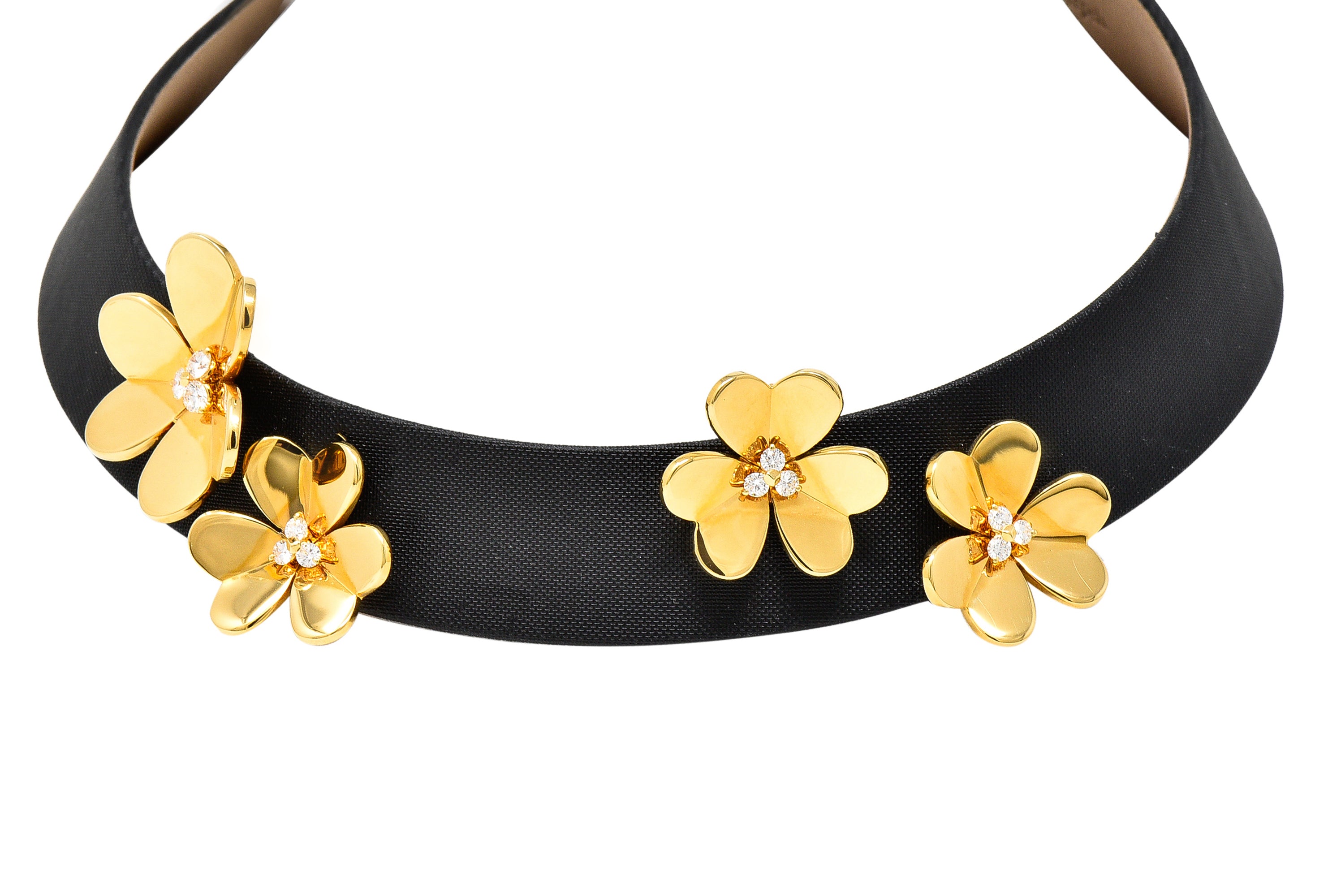 Van Cleef & Arpels Diamond 18 Karat Yellow Gold Silk Leather Frivole French Clover Vintage Collar Necklace Wilson's Estate Jewelry