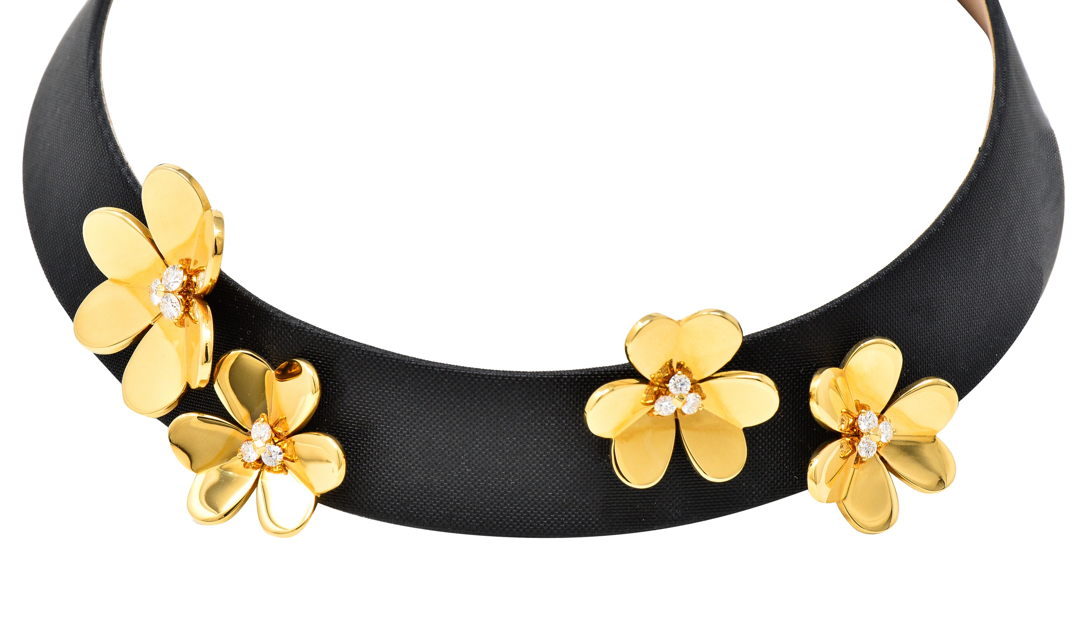 Van Cleef & Arpels Diamond 18 Karat Yellow Gold Silk Leather Frivole French Clover Vintage Collar Necklace Wilson's Estate Jewelry