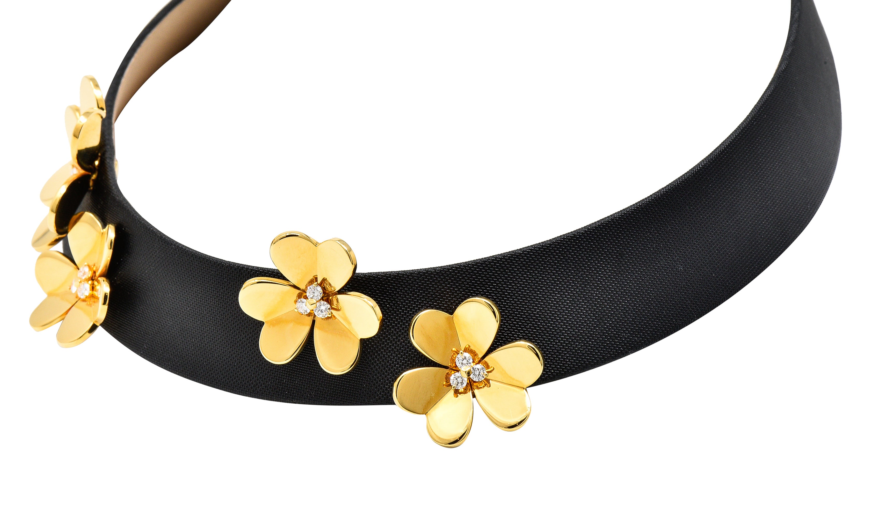 Van Cleef & Arpels Diamond 18 Karat Yellow Gold Silk Leather Frivole French Clover Vintage Collar Necklace Wilson's Estate Jewelry