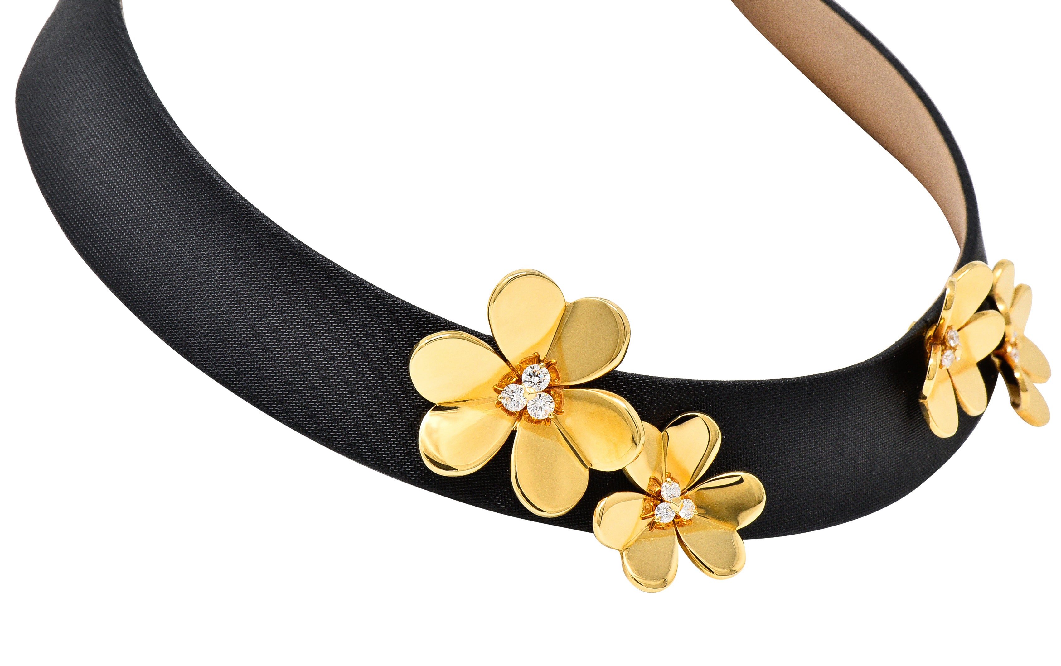 Van Cleef & Arpels Diamond 18 Karat Yellow Gold Silk Leather Frivole French Clover Vintage Collar Necklace Wilson's Estate Jewelry