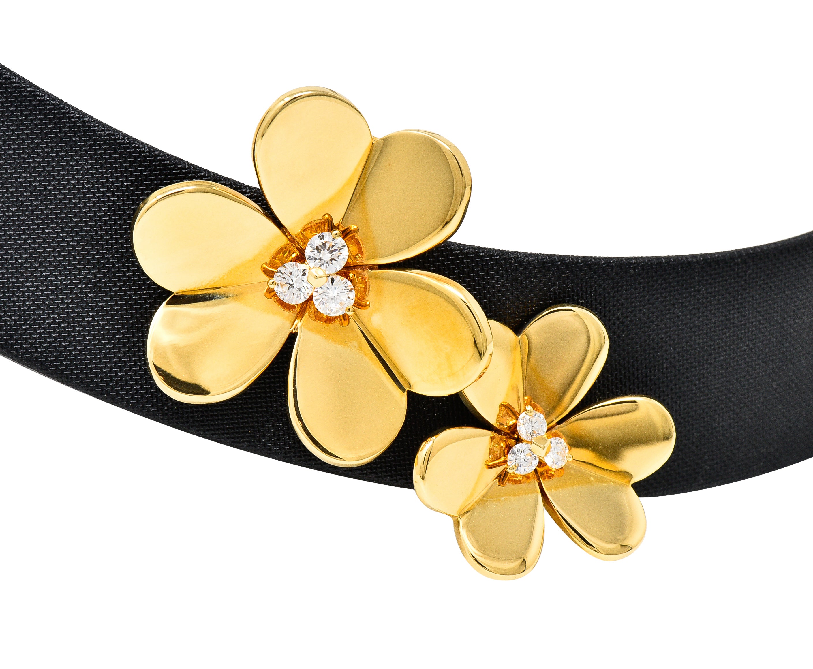 Van Cleef & Arpels Diamond 18 Karat Yellow Gold Silk Leather Frivole French Clover Vintage Collar Necklace Wilson's Estate Jewelry
