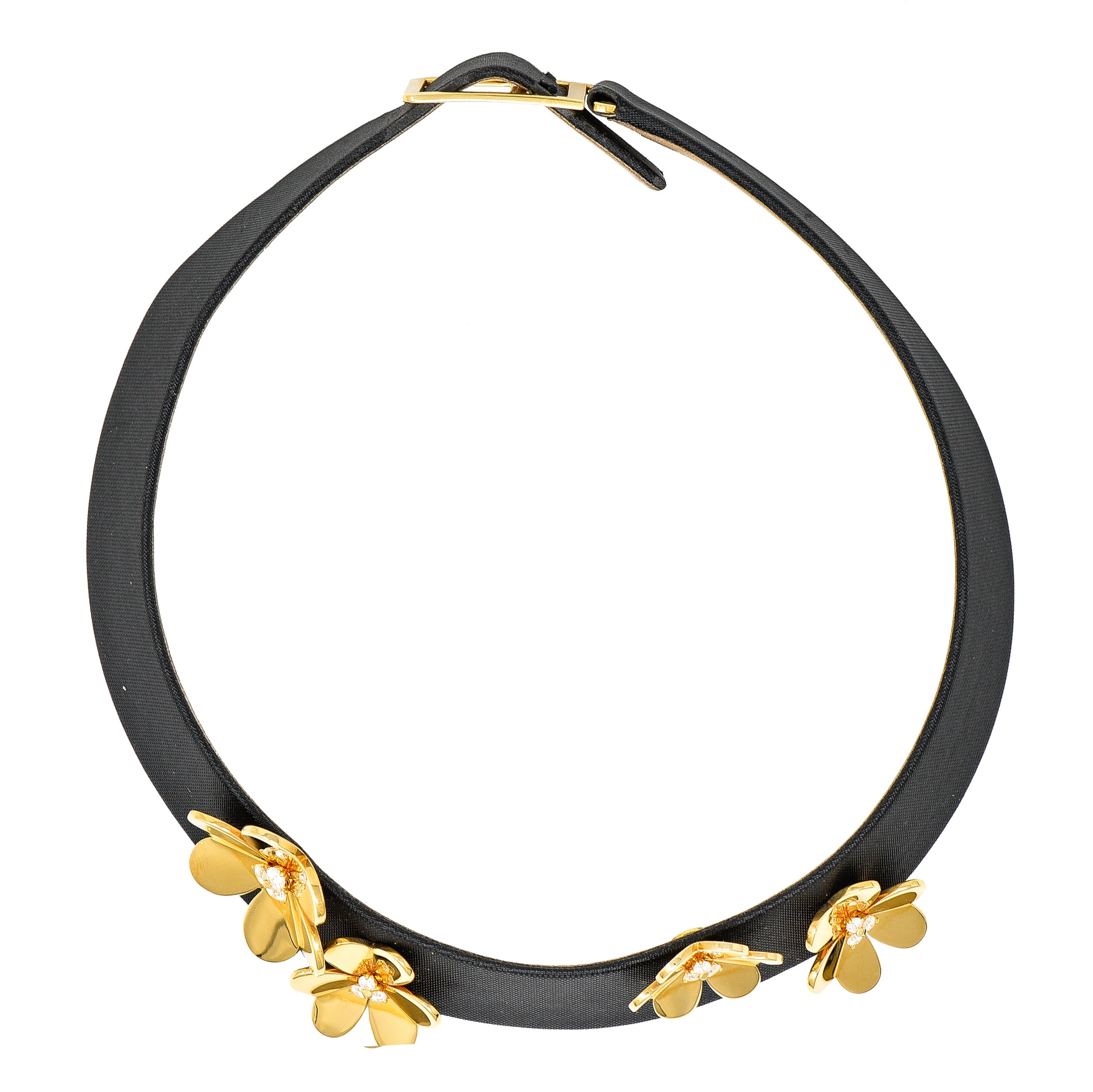 Van Cleef & Arpels Diamond 18 Karat Yellow Gold Silk Leather Frivole French Clover Vintage Collar Necklace Wilson's Estate Jewelry