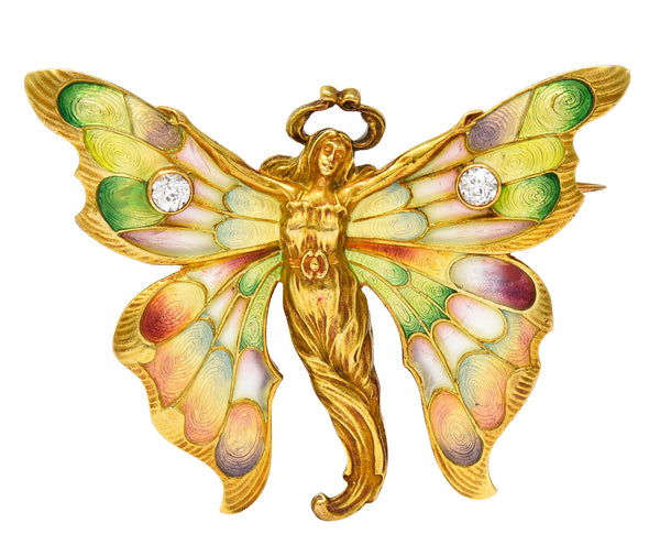Whiteside & Blank Art Nouveau Plique-a-Jour Enamel Diamond 18 Karat Yellow Gold Fairy Brooch Wilson's Estate Jewelry