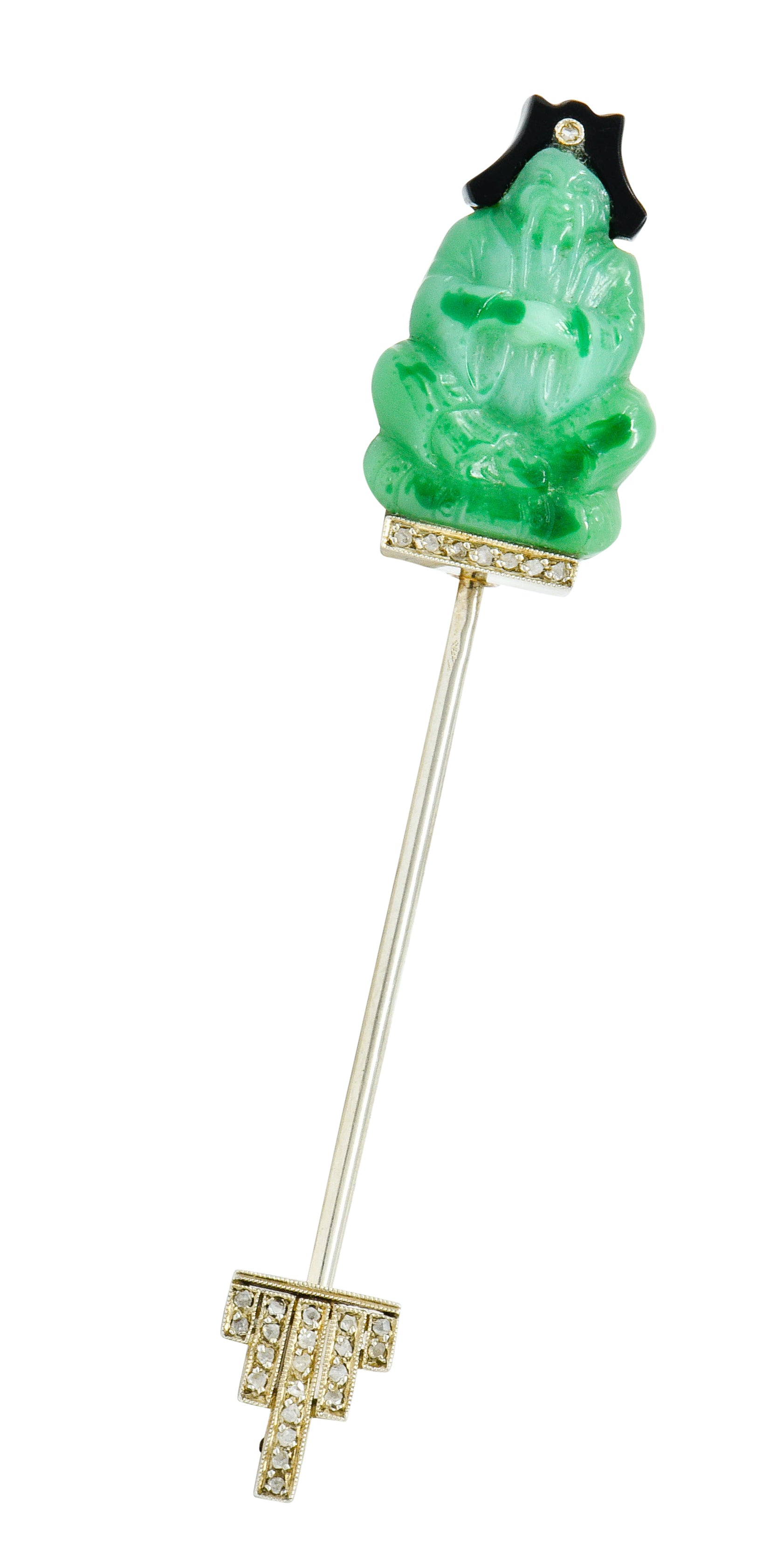 French Art Deco Jade Onyx Diamond 18 Karat White Gold Jabot StickpinStick Pin - Wilson's Estate Jewelry