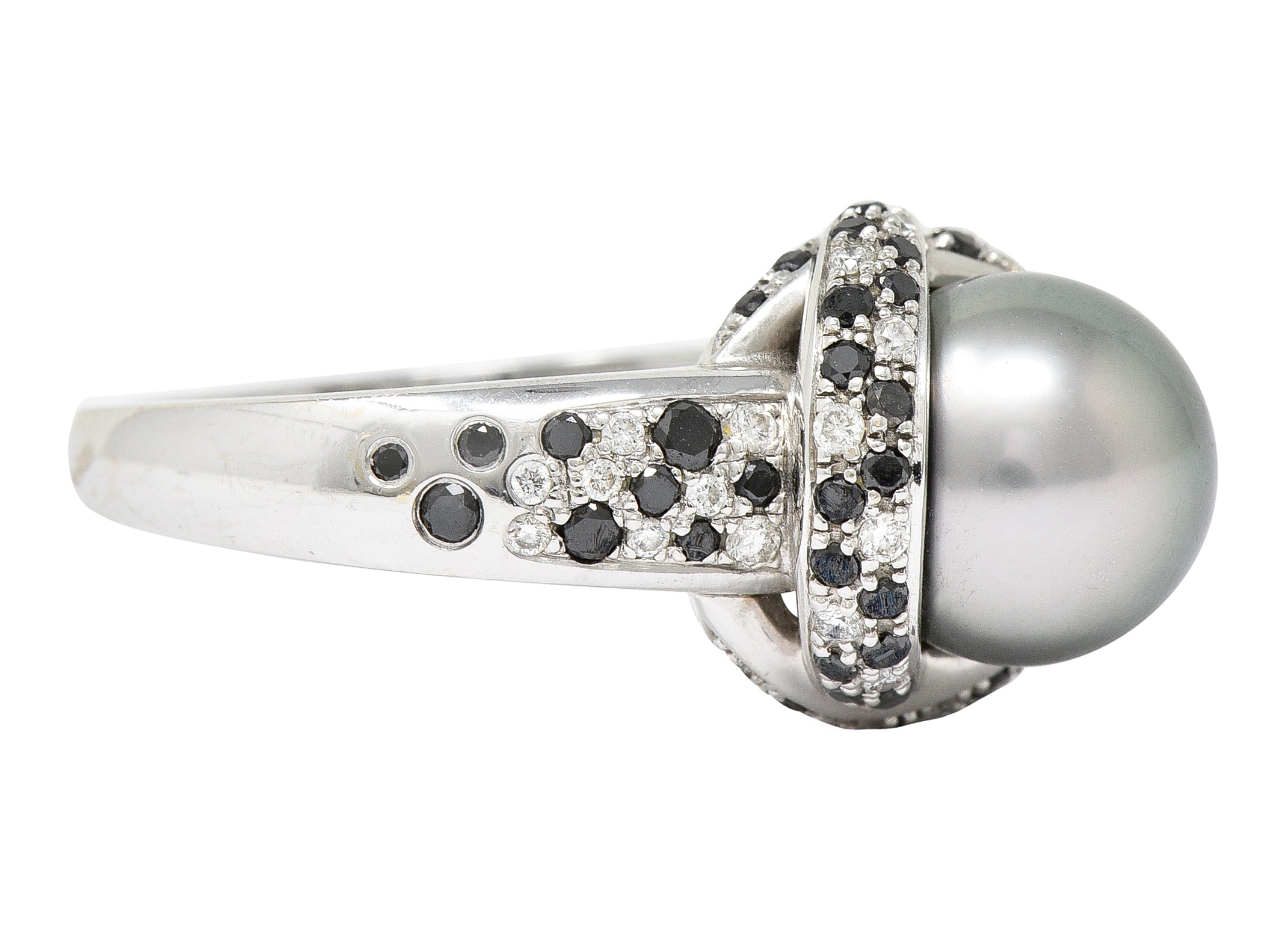 Mauboussin Paris Tahitian Pearl Diamond & Black Diamond 18 Karat White Gold Perle Caviar Mon Amour Ring Wilson's Estate Jewelry