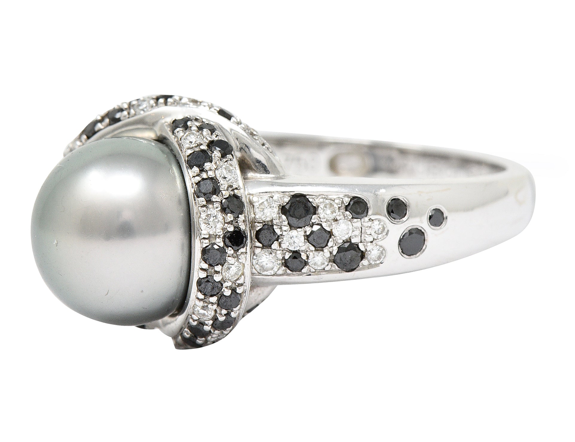 Mauboussin Paris Tahitian Pearl Diamond & Black Diamond 18 Karat White Gold Perle Caviar Mon Amour Ring Wilson's Estate Jewelry