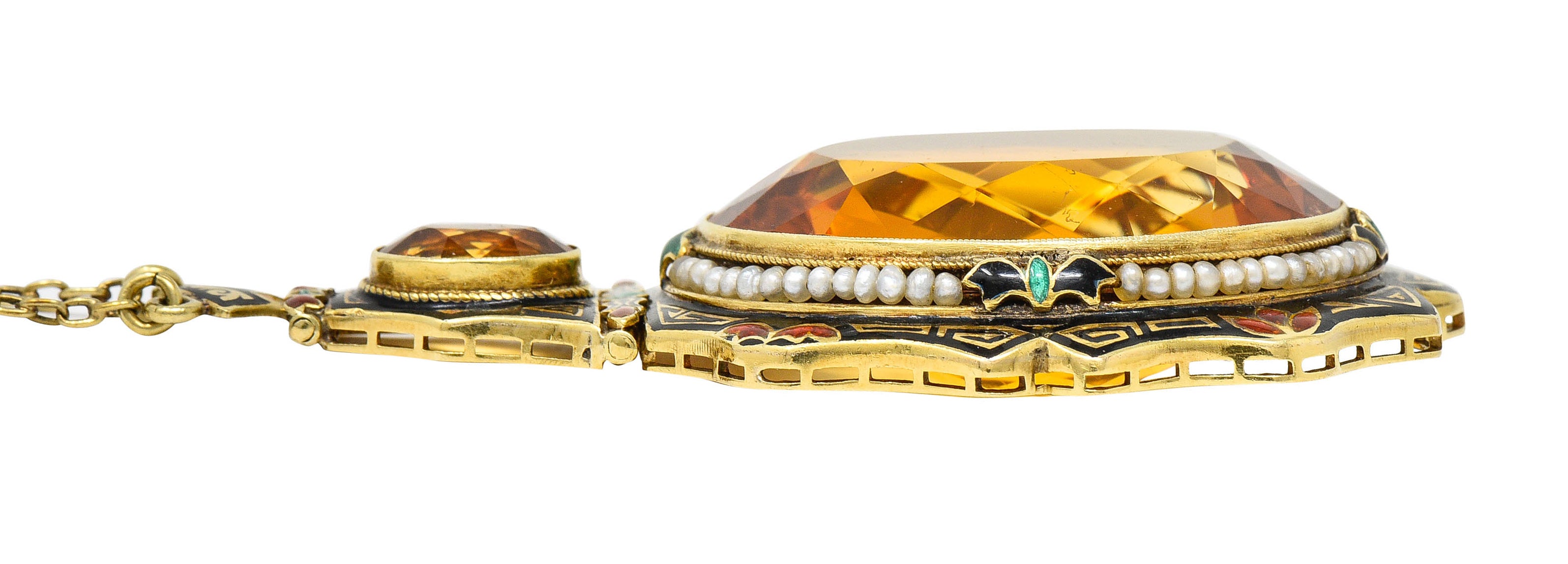 Substantial Art Deco Citrine Pearl Enamel 14 Karat Gold Statement Sautoir NecklaceNecklace - Wilson's Estate Jewelry