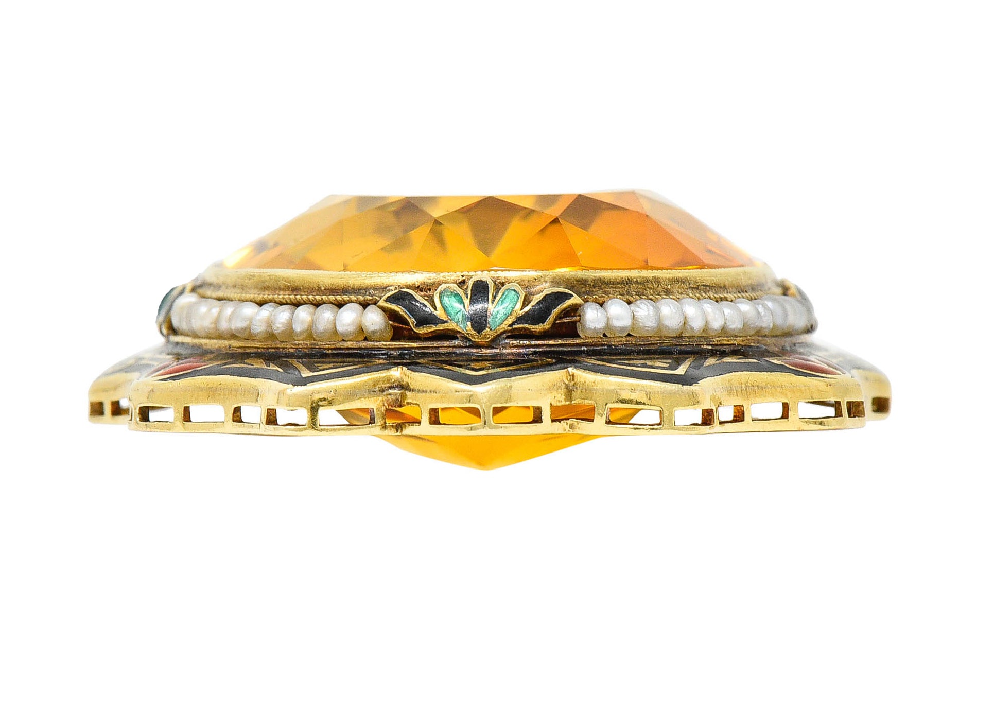 Substantial Art Deco Citrine Pearl Enamel 14 Karat Gold Statement Sautoir NecklaceNecklace - Wilson's Estate Jewelry
