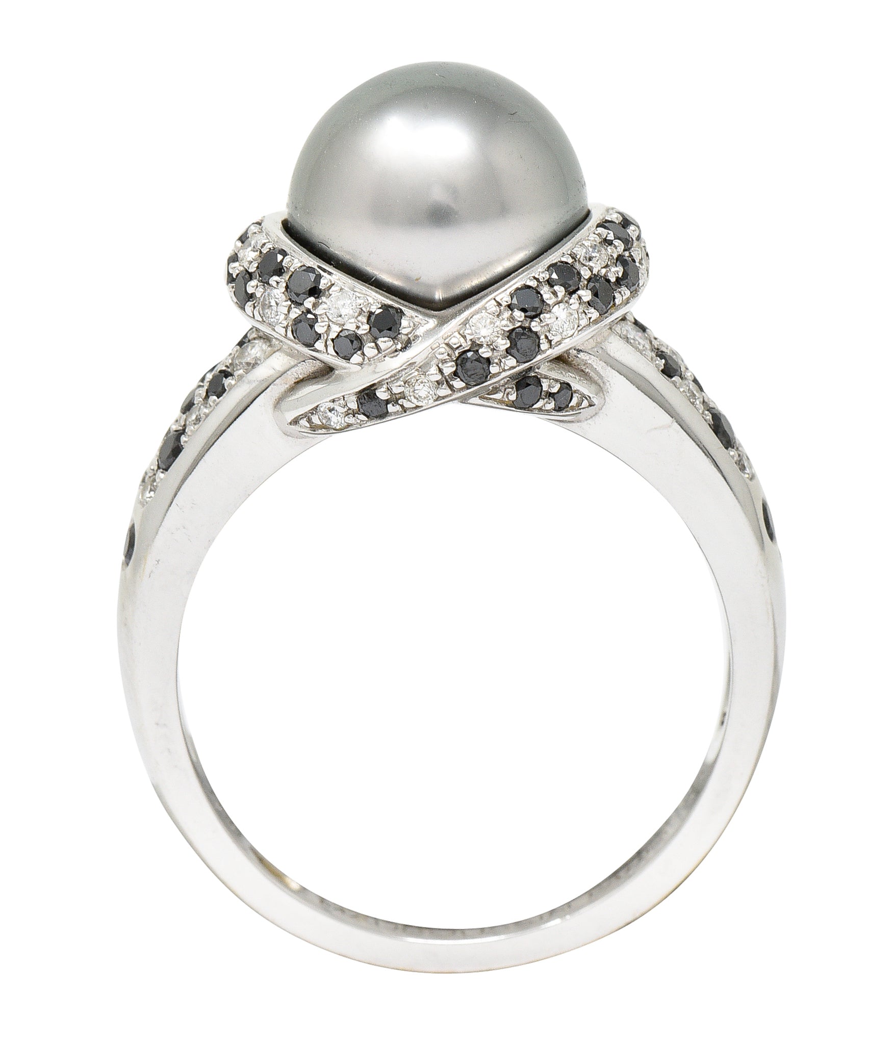 Mauboussin Paris Tahitian Pearl Diamond & Black Diamond 18 Karat White Gold Perle Caviar Mon Amour Ring Wilson's Estate Jewelry