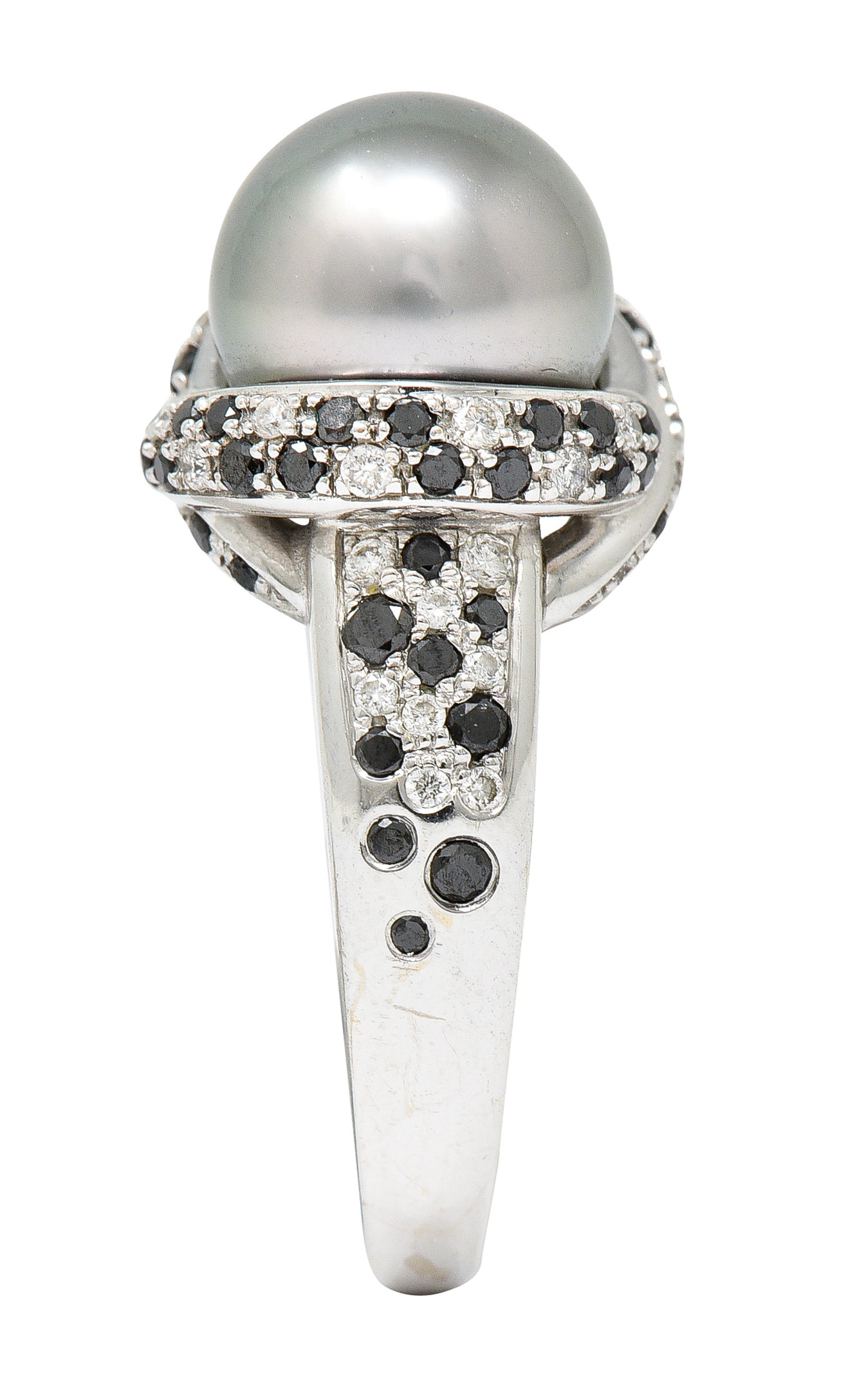 Mauboussin Paris Tahitian Pearl Diamond & Black Diamond 18 Karat White Gold Perle Caviar Mon Amour Ring Wilson's Estate Jewelry