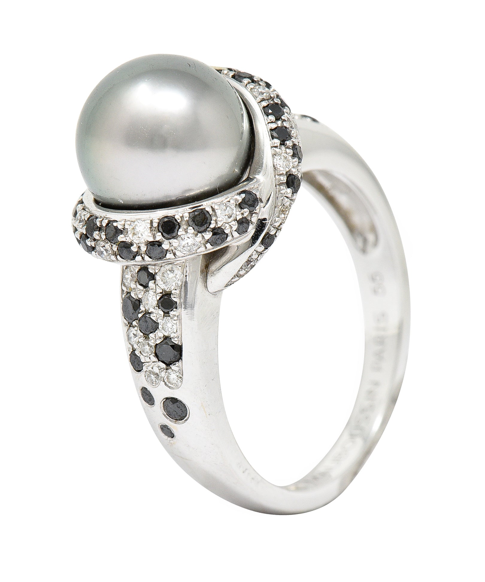 Mauboussin Paris Tahitian Pearl Diamond & Black Diamond 18 Karat White Gold Perle Caviar Mon Amour Ring Wilson's Estate Jewelry