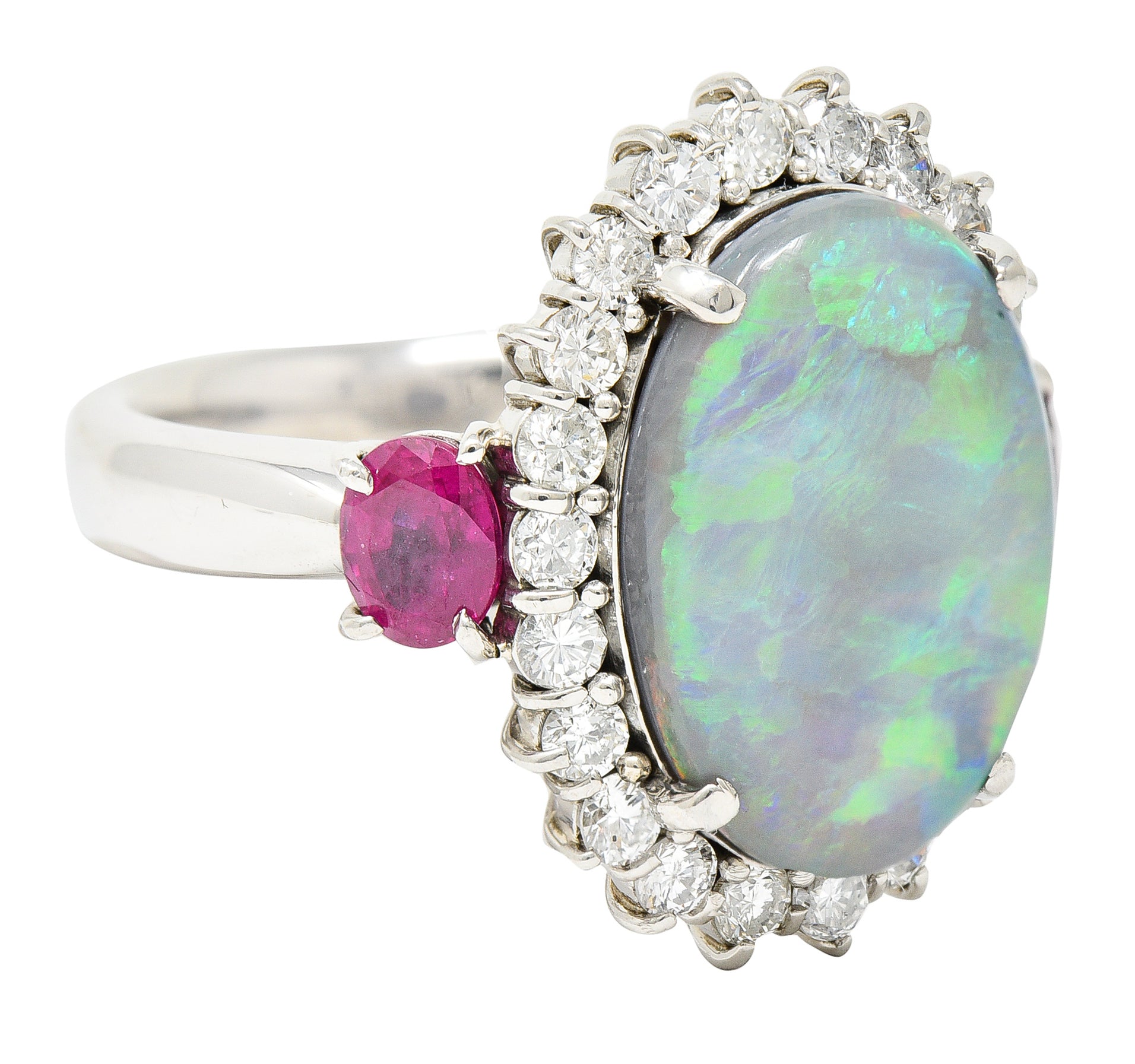Contemporary 6.74 CTW Opal Diamond Ruby Platinum Halo Cluster Ring Wilson's Estate Jewelry
