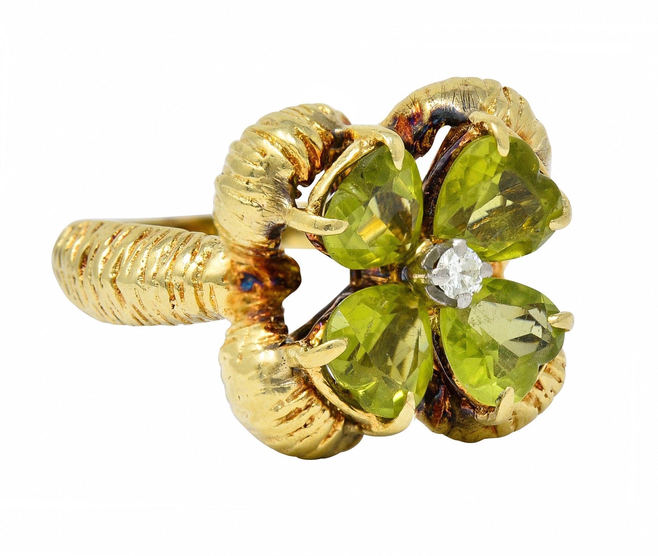 David Trabich 1980's Vintage 2.90 CTW Peridot Diamond 14 Karat Gold Clover RingRing - Wilson's Estate Jewelry