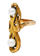 Arts & Crafts Pearl 14 Karat Gold Whiplash Foliate RingRing - Wilson's Estate Jewelry