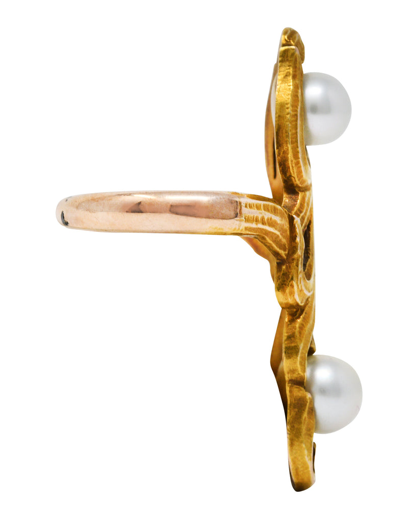 Arts & Crafts Pearl 14 Karat Gold Whiplash Foliate RingRing - Wilson's Estate Jewelry