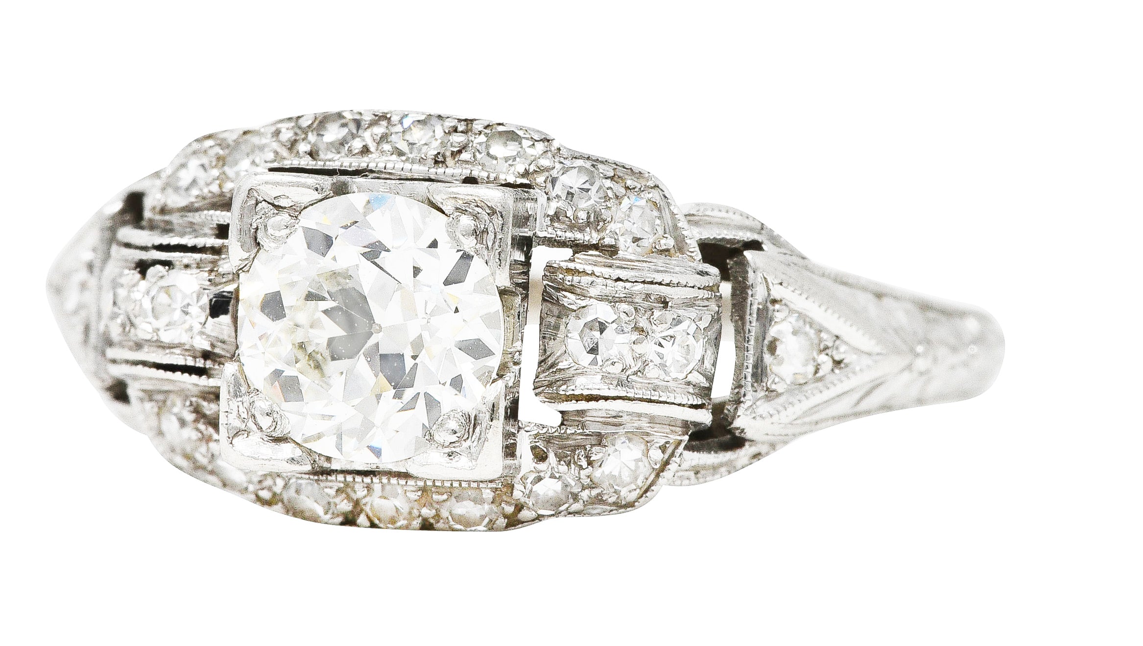 Katz & Ogush Art Deco 0.80 CTW Diamond Platinum Buckle Engagement Ring Wilson's Estate Jewelry