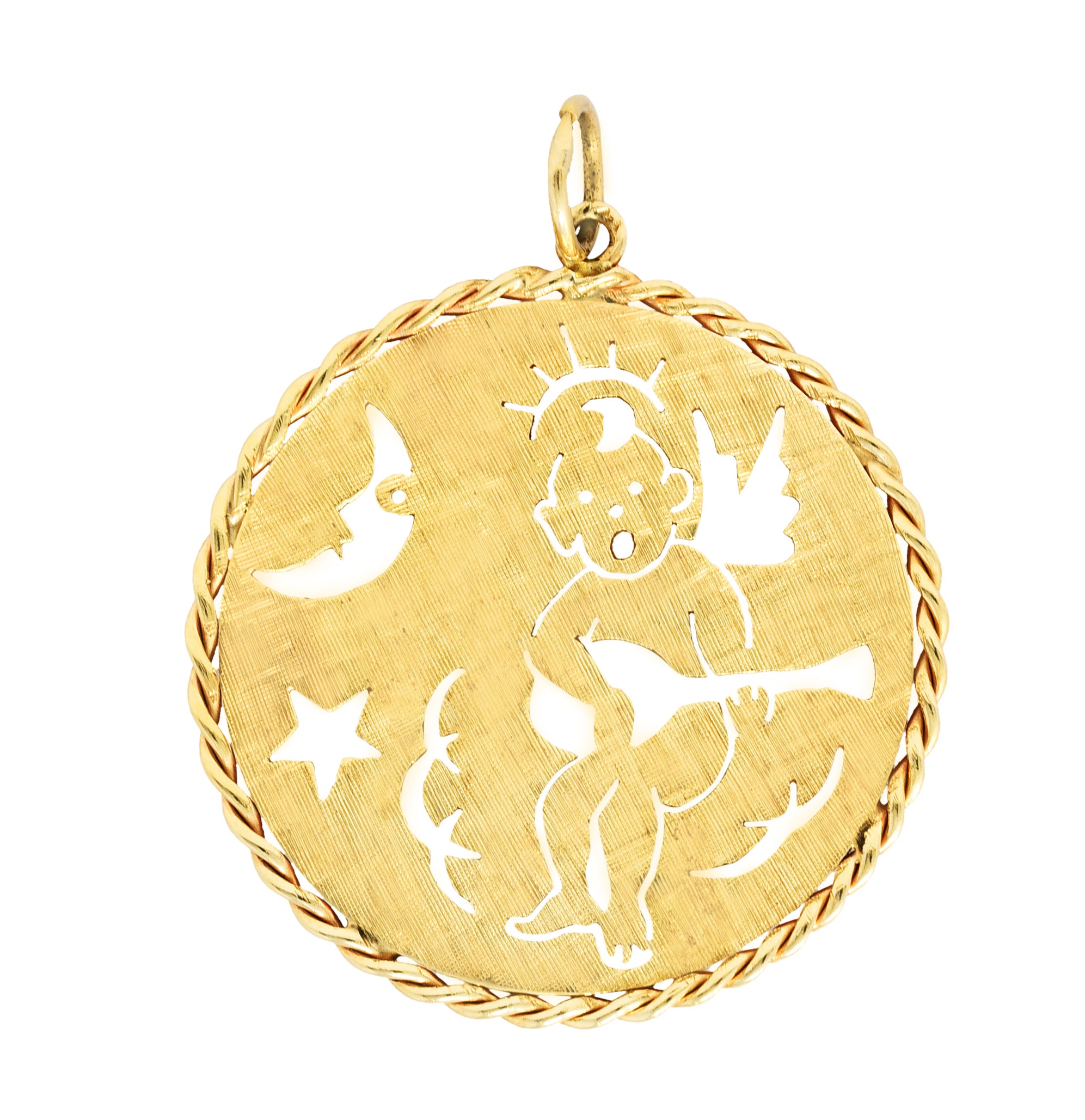 1960's Vintage 14 Karat Yellow Gold Celestial Angel Medallion PendantNecklace - Wilson's Estate Jewelry