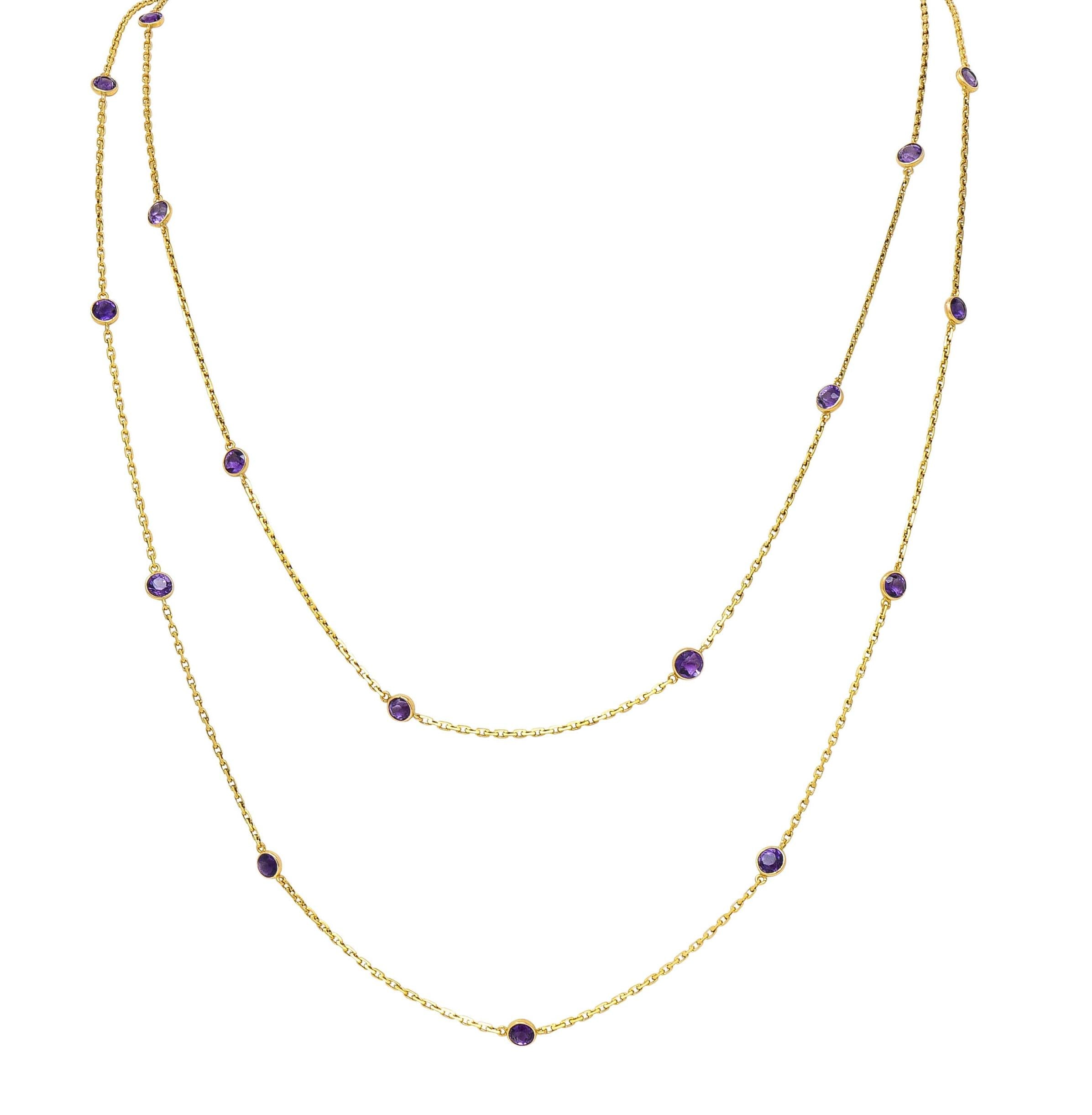 Victorian Amethyst 18K Yellow Gold 59 IN Long Antique Station Chain Necklace