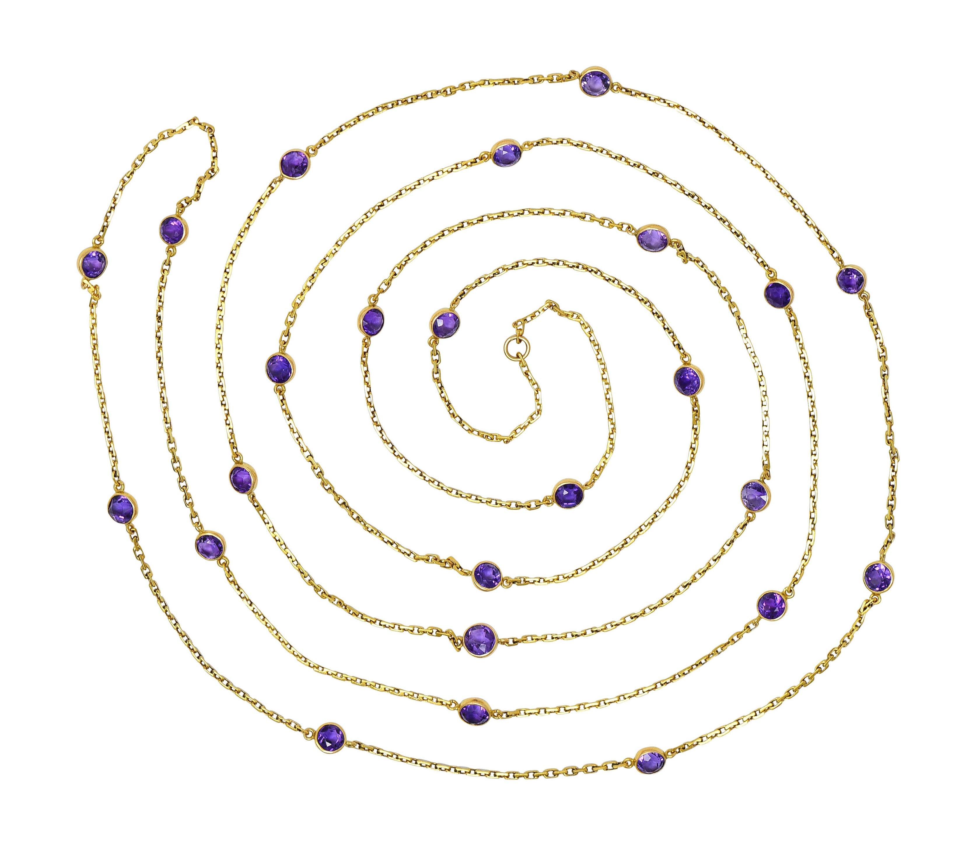 Victorian Amethyst 18K Yellow Gold 59 IN Long Antique Station Chain Necklace