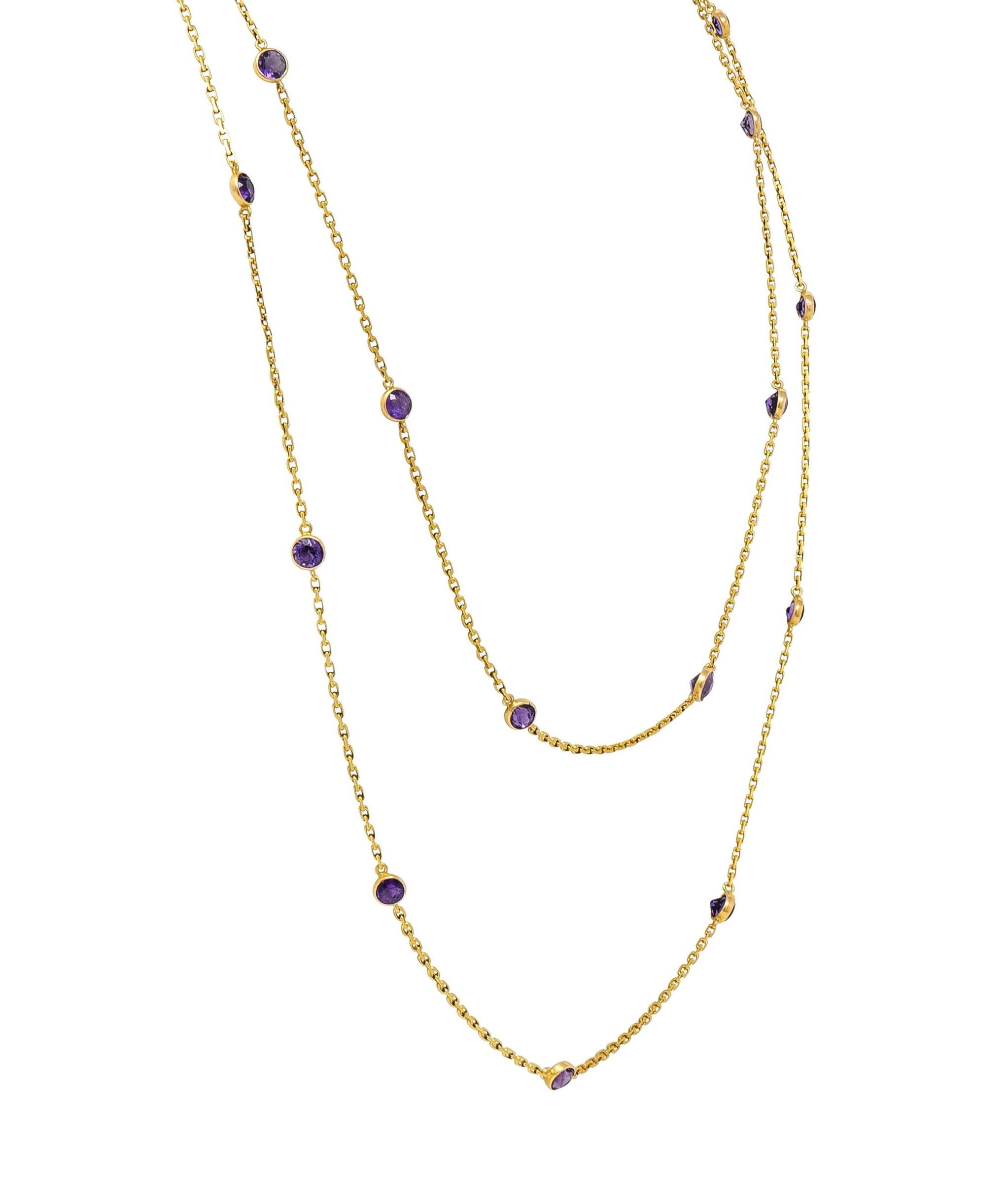 Victorian Amethyst 18K Yellow Gold 59 IN Long Antique Station Chain Necklace
