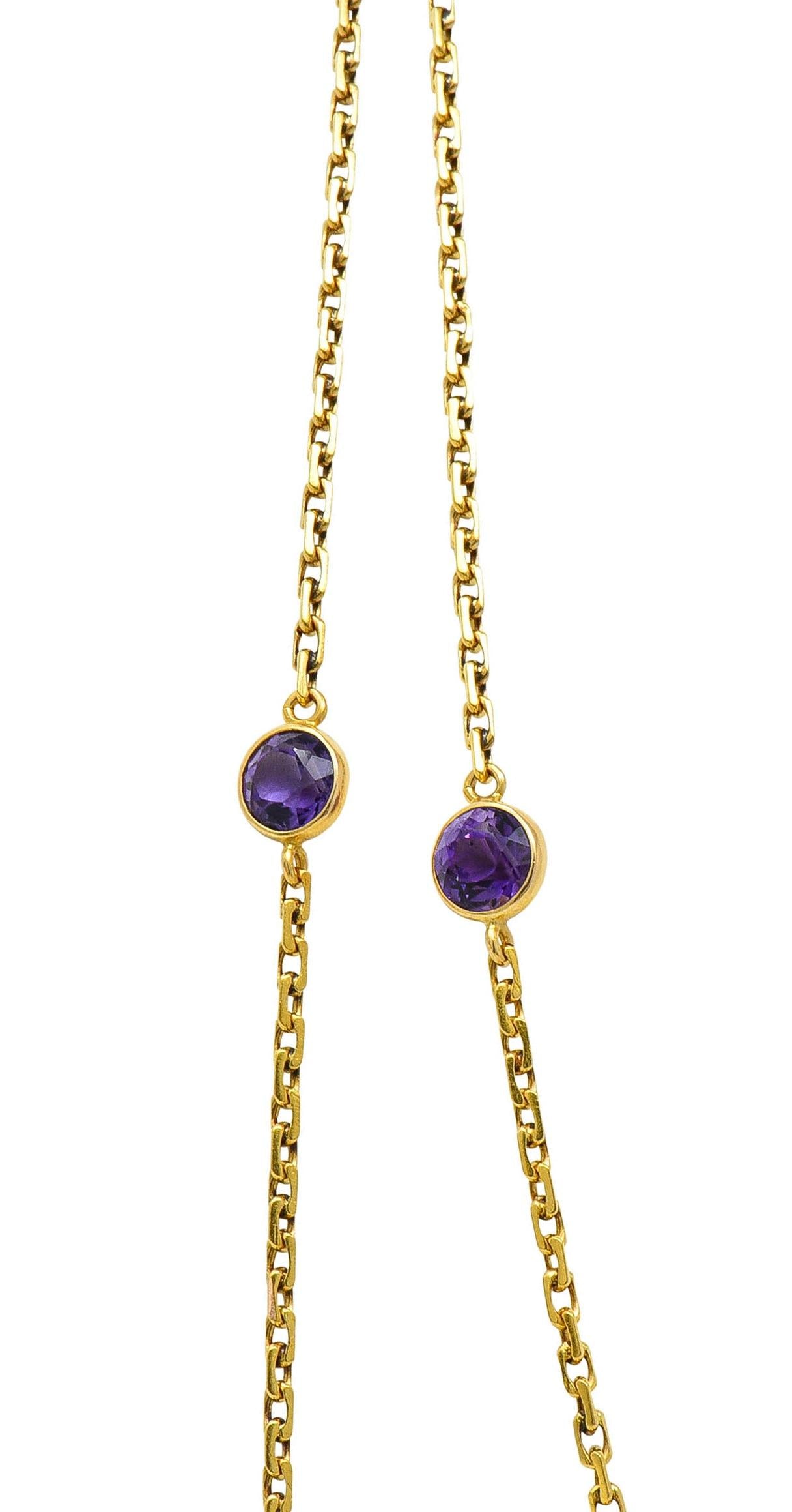 Victorian Amethyst 18K Yellow Gold 59 IN Long Antique Station Chain Necklace