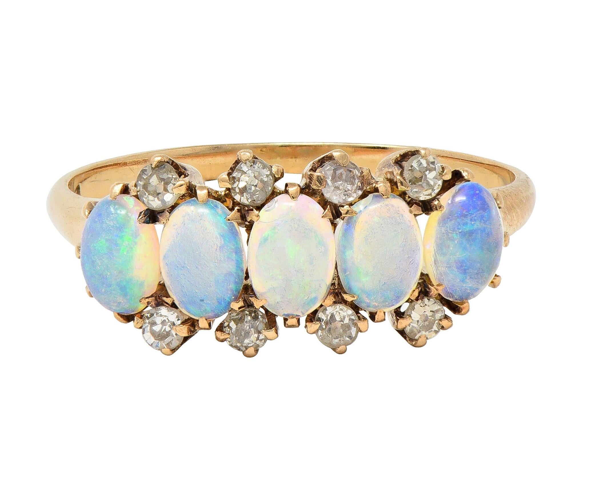 Victorian Opal Cabochon Diamond 14 Karat Yellow Gold Five Stone Antique Ring