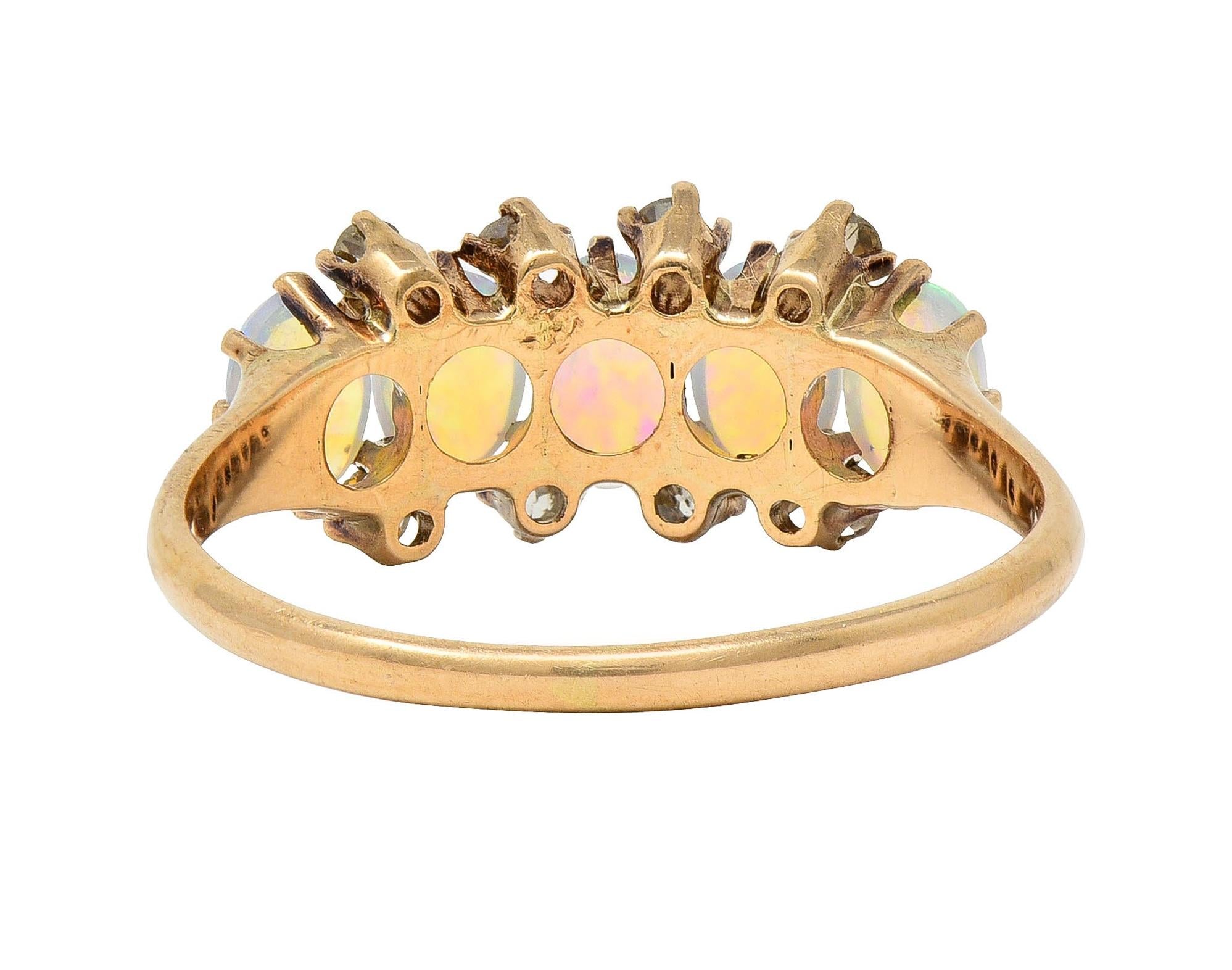 Victorian Opal Cabochon Diamond 14 Karat Yellow Gold Five Stone Antique Ring