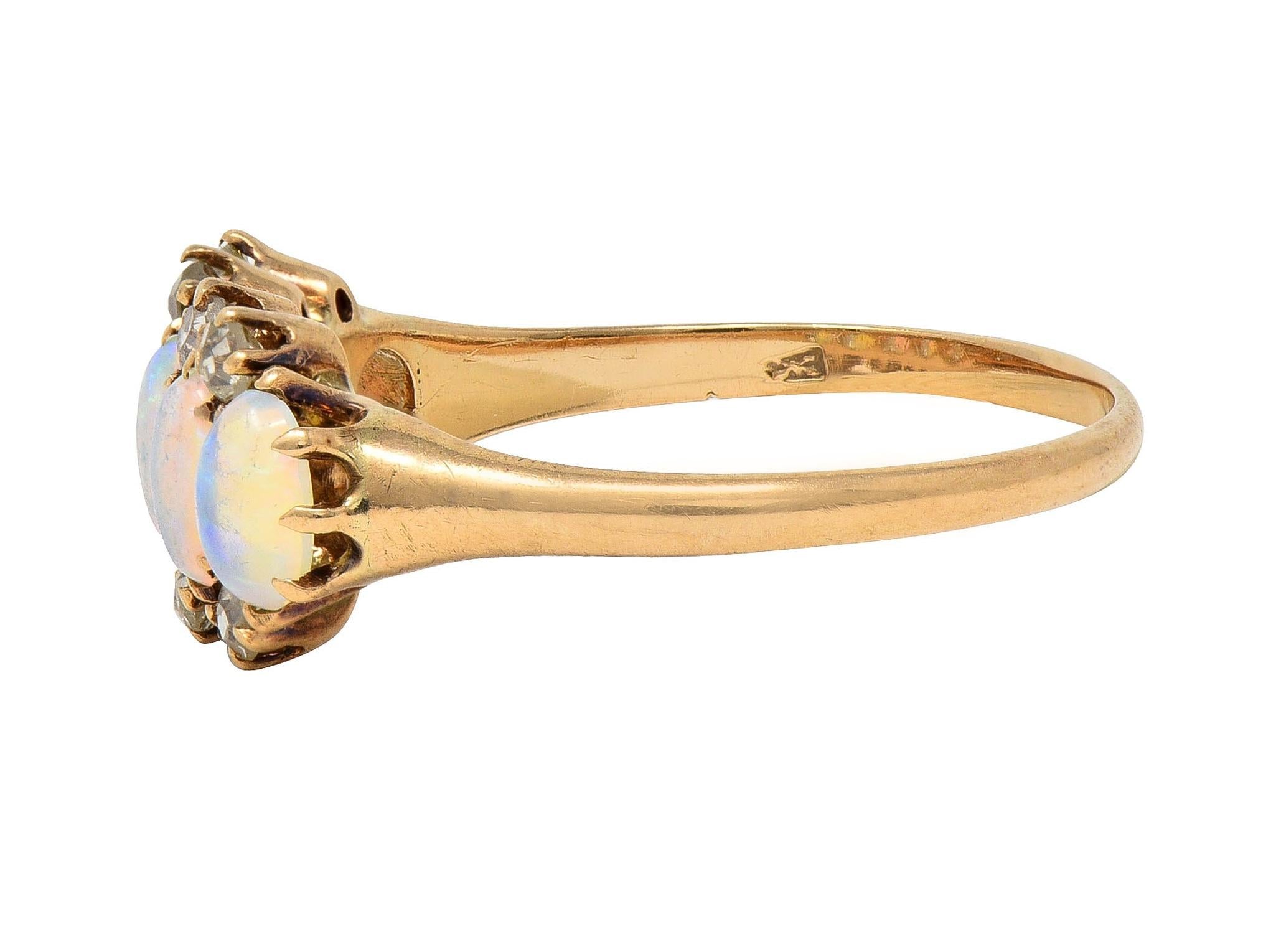 Victorian Opal Cabochon Diamond 14 Karat Yellow Gold Five Stone Antique Ring