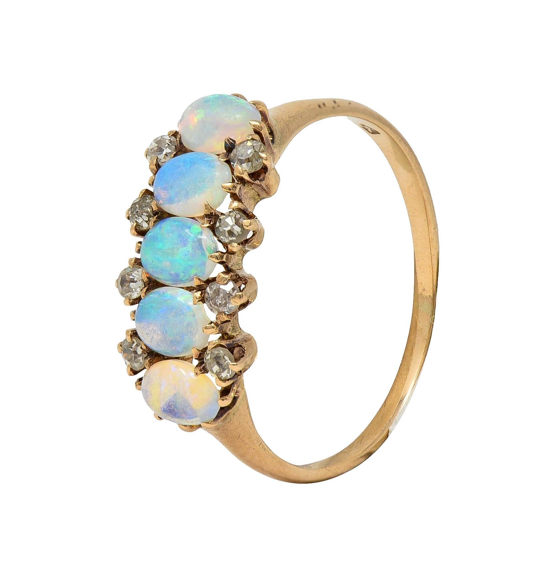 Victorian Opal Cabochon Diamond 14 Karat Yellow Gold Five Stone Antique Ring