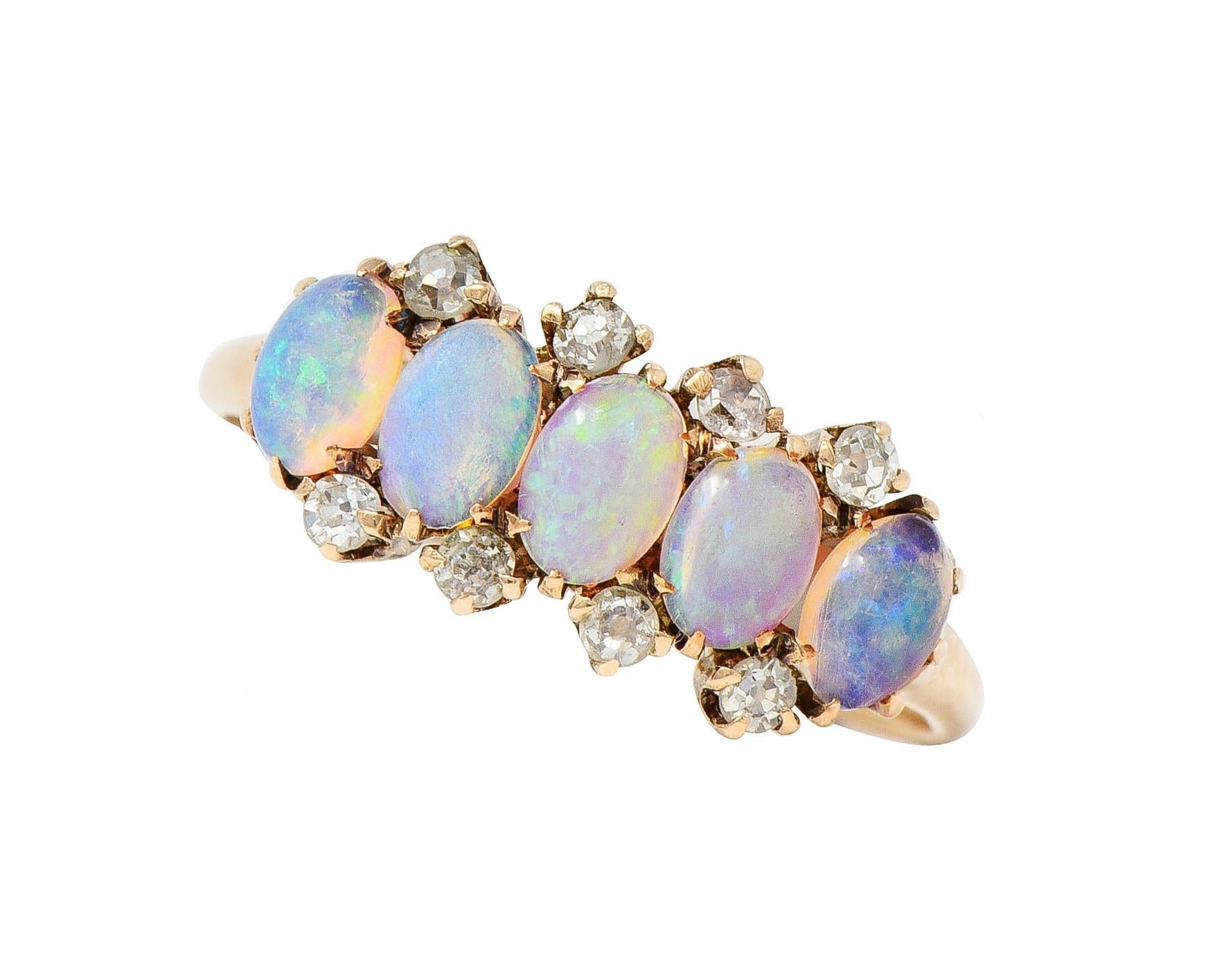 Victorian Opal Cabochon Diamond 14 Karat Yellow Gold Five Stone Antique Ring