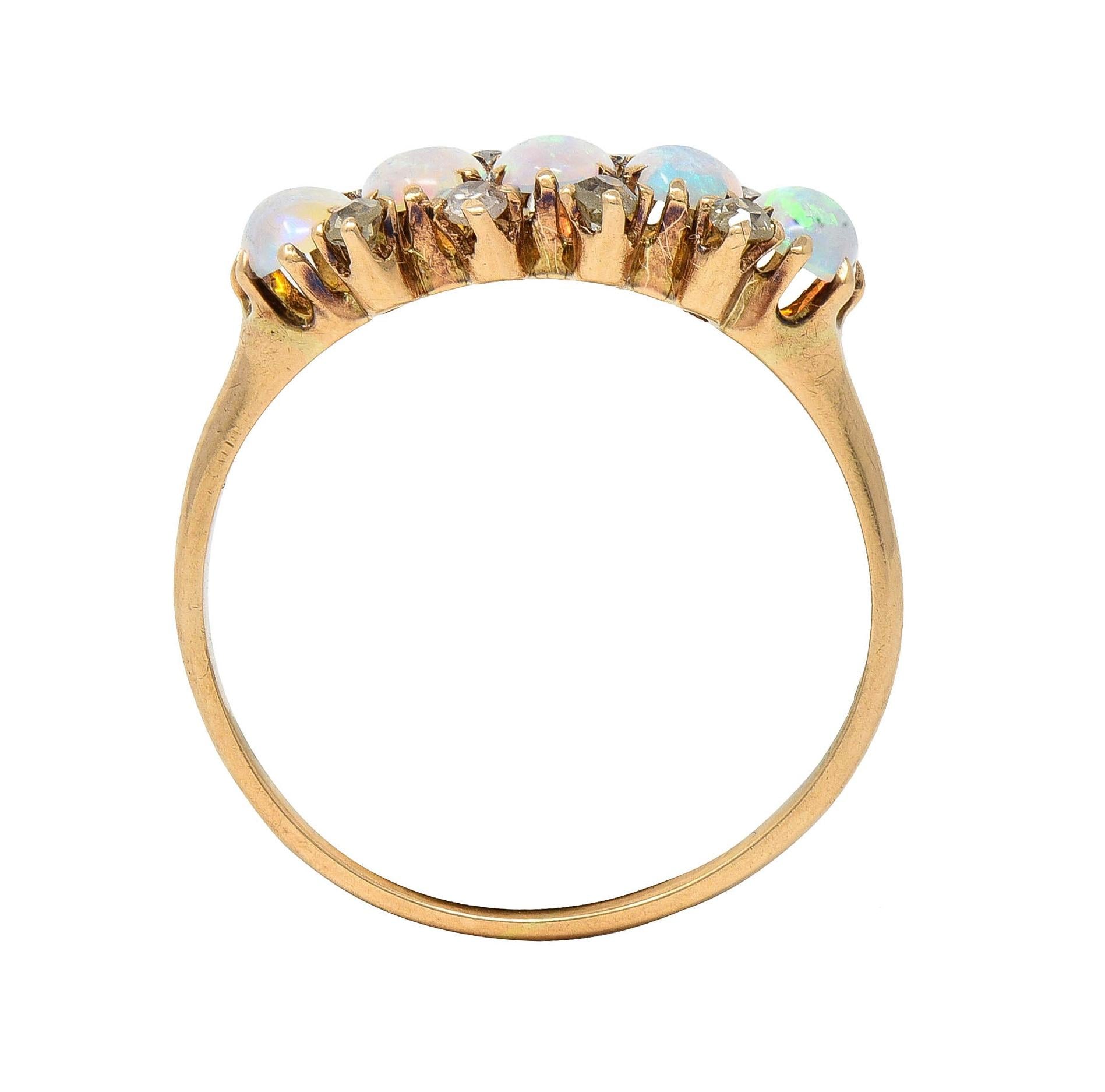 Victorian Opal Cabochon Diamond 14 Karat Yellow Gold Five Stone Antique Ring