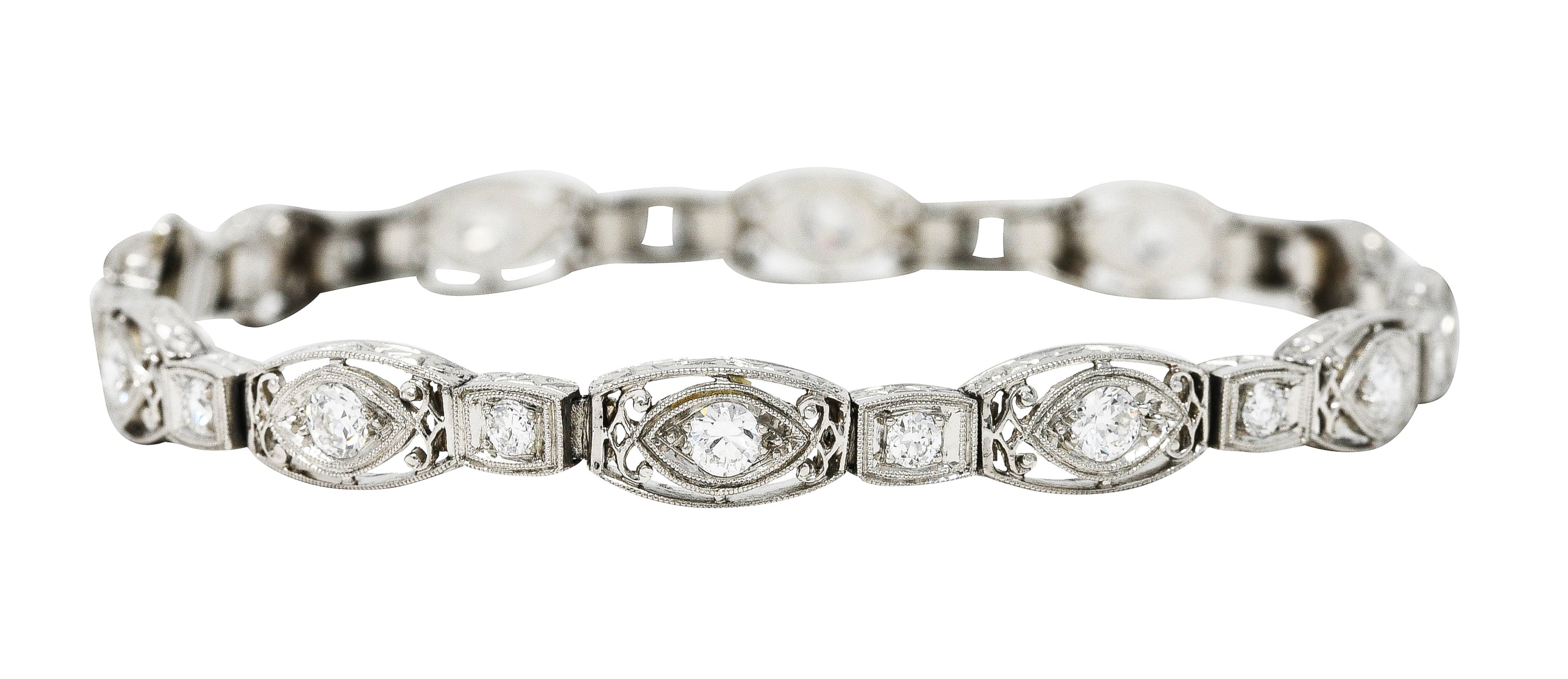 Art Deco 2.25 CTW Diamond Platinum Cushion Link Bracelet Wilson's Estate Jewelry
