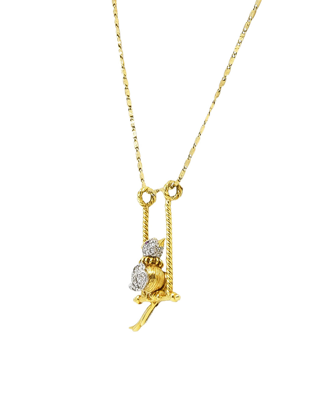 1960's Vintage Ruby Diamond 18 Karat Two-Tone Gold Caged Bird Pendant Necklace Wilson's Antique & Estate Jewelry
